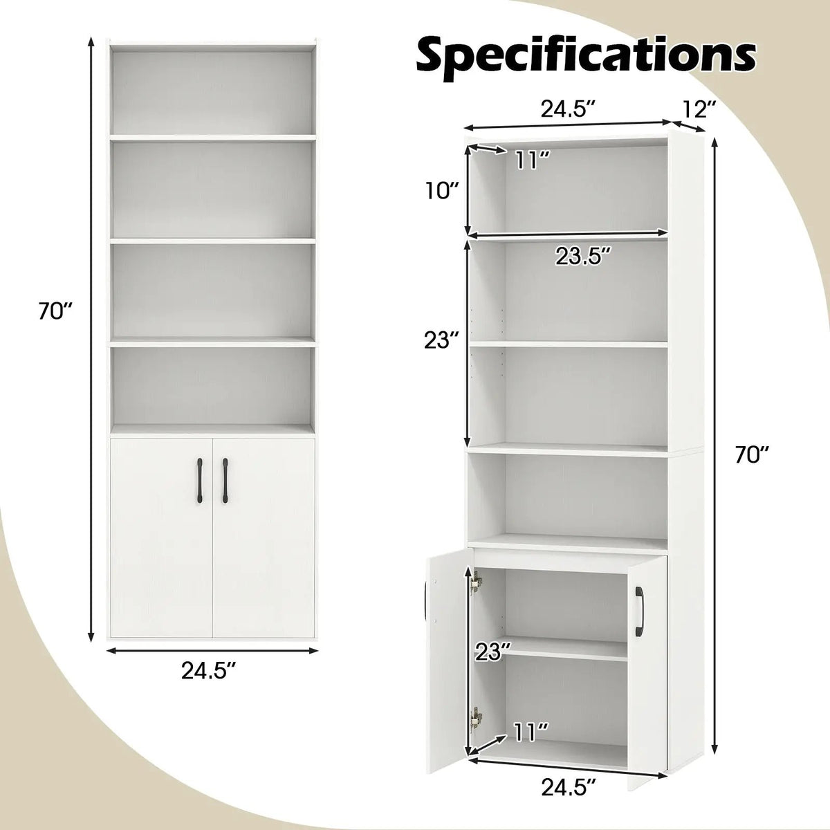70 Inch Bookcase 6-Tier with Adjustable Shelves and 2-Door Cabinet, photo 5 of 9