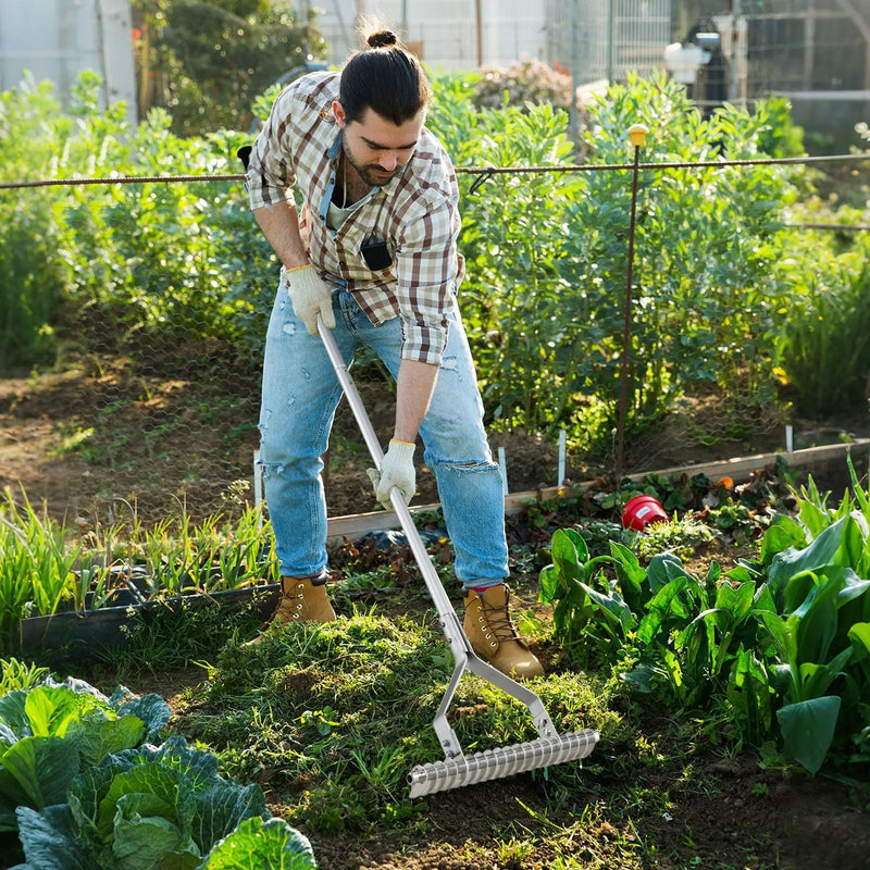 20 Inches Wide Aluminum Lawn Loosening Soil Rake with Long Handle and 19 Curved Tines by DirectDeals
