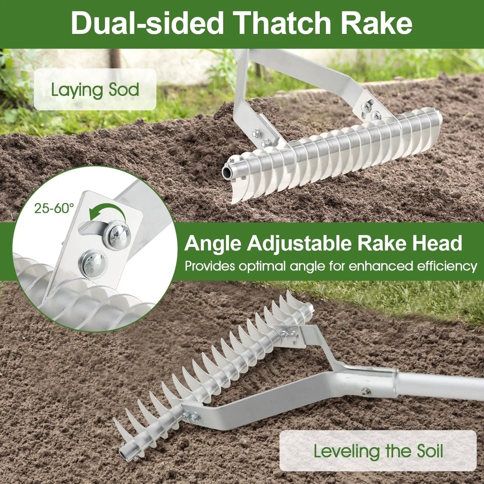 20 Inches Wide Aluminum Lawn Loosening Soil Rake with Long Handle and 19 Curved Tines by DirectDeals