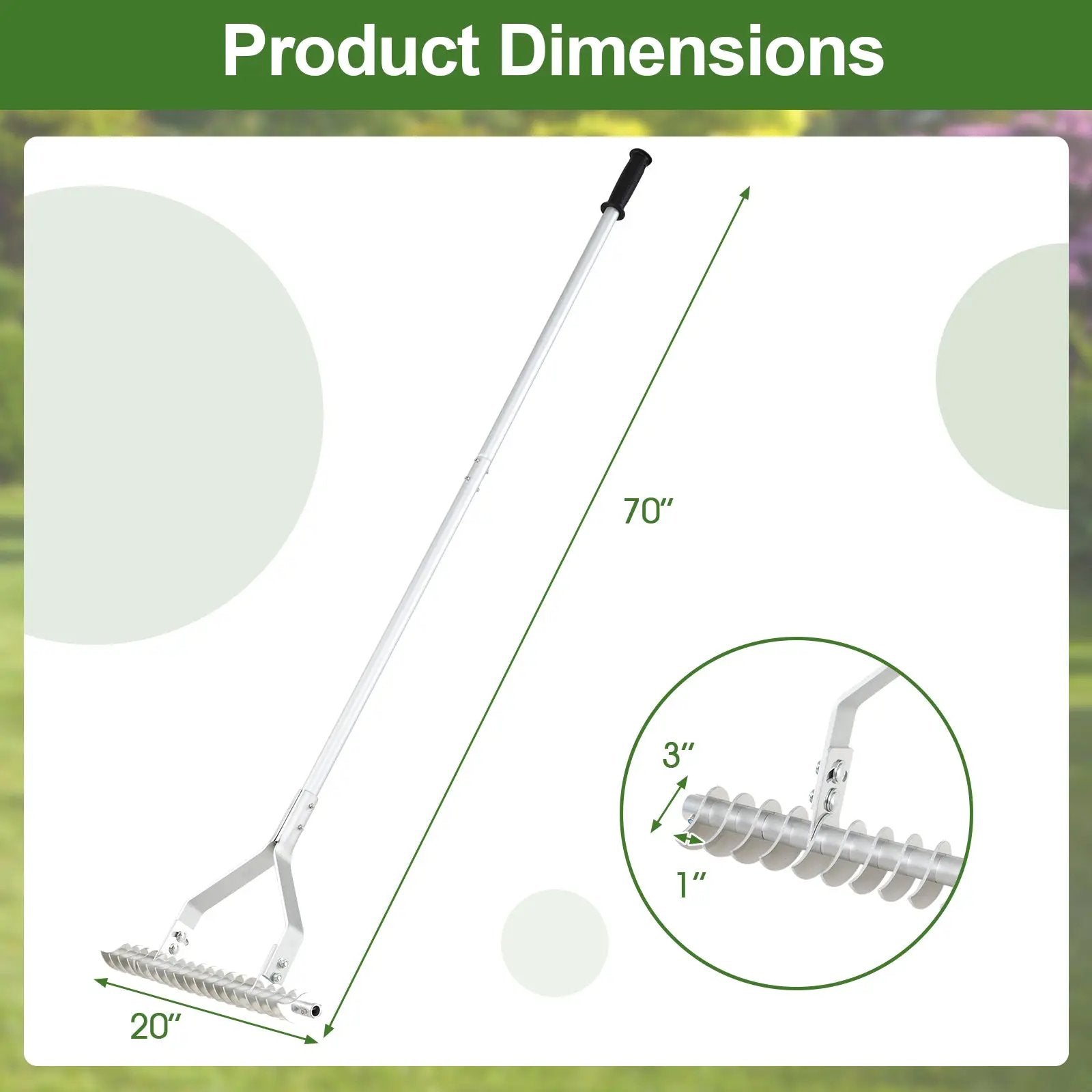 20 Inches Wide Aluminum Lawn Loosening Soil Rake with Long Handle and 19 Curved Tines by DirectDeals