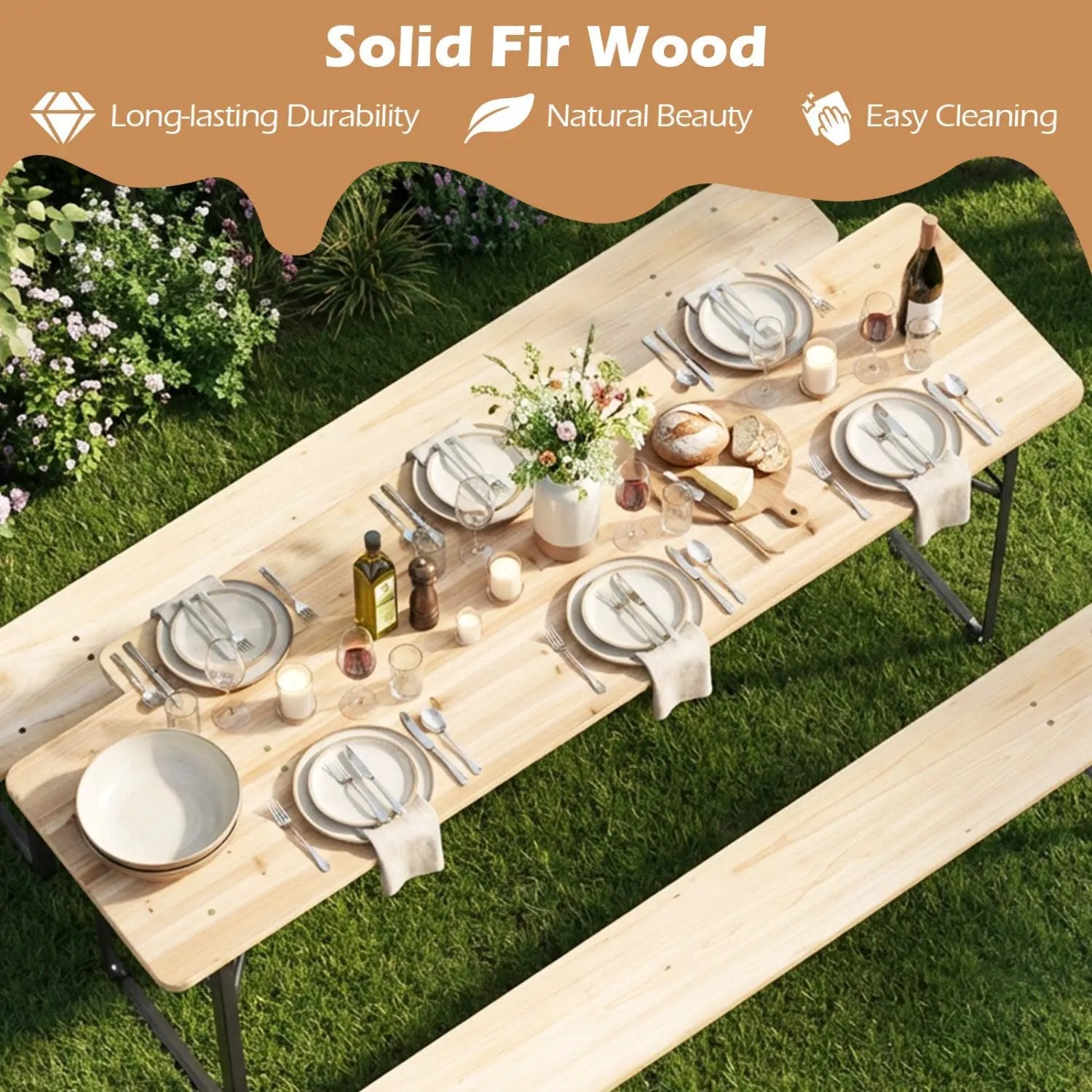 70 Inch 3-Piece Folding Picnic Table with Benches for 6 Fir Wood Portable Bear Camping Table-Black by DirectDeals