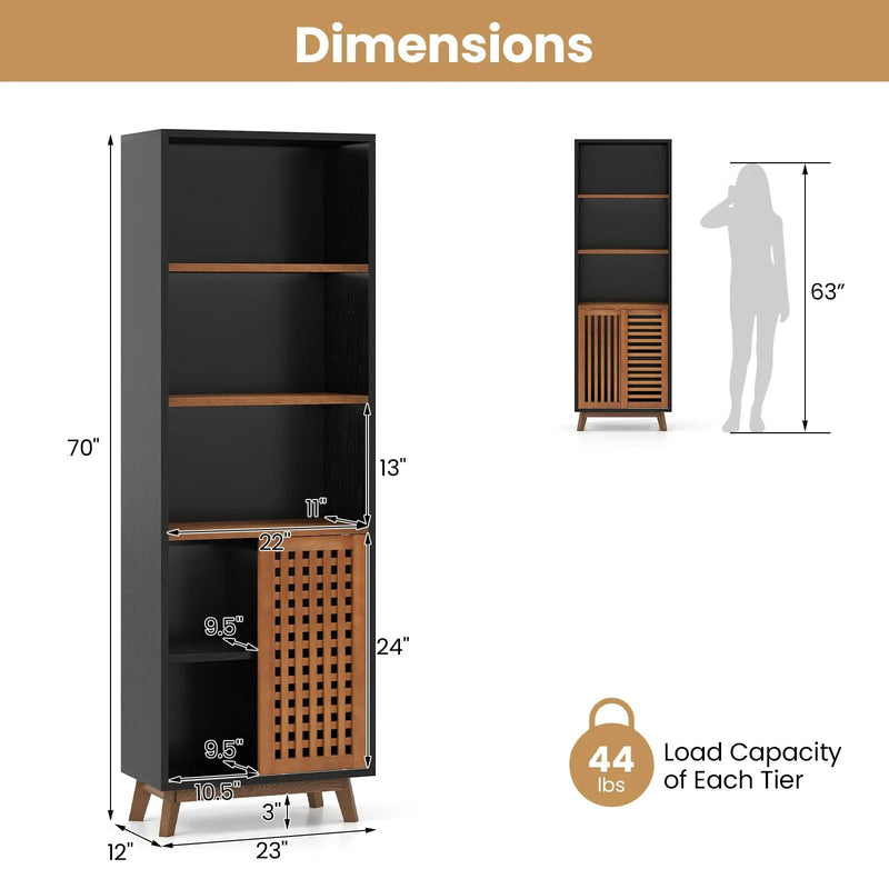 70 Inch 5-Tier Bookshelf with Reversible Adjustable Shelf-Black by DirectDeals