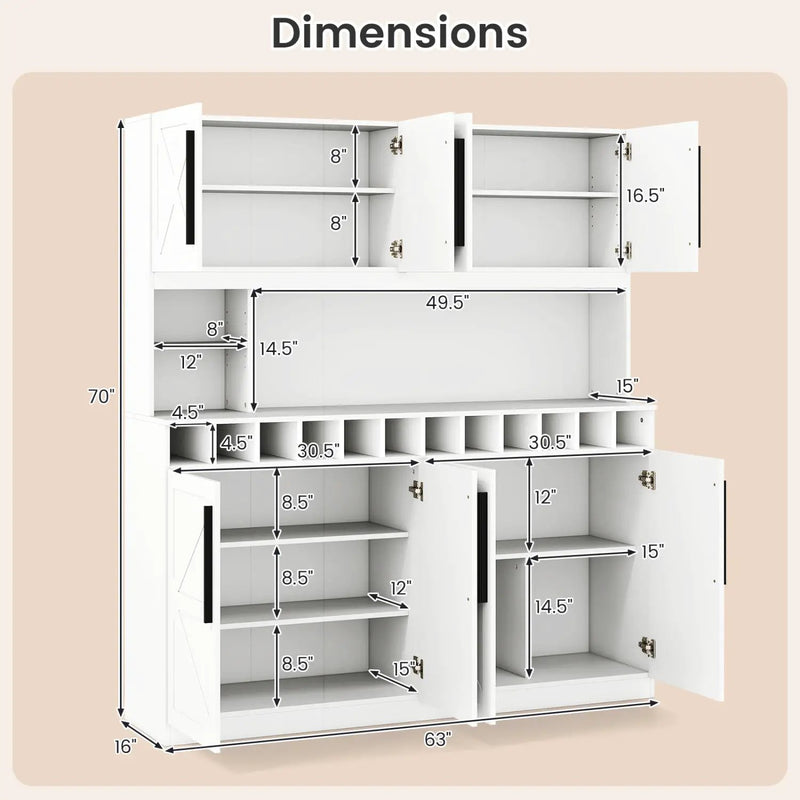 70 Inch Farmhouse Pantry Cabinet Kitchen Buffet Hutch with 4 Cabinets and 2 Open Shelves by DirectDeals