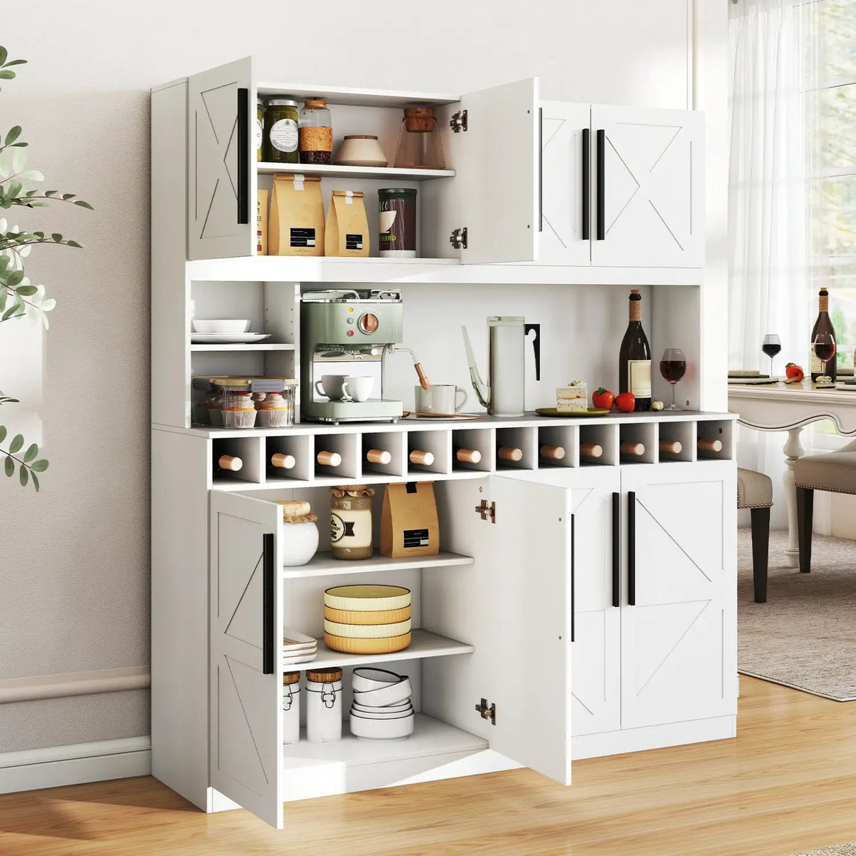 70 Inch Farmhouse Pantry Cabinet Kitchen Buffet Hutch with 4 Cabinets and 2 Open Shelves, photo 3 of 16