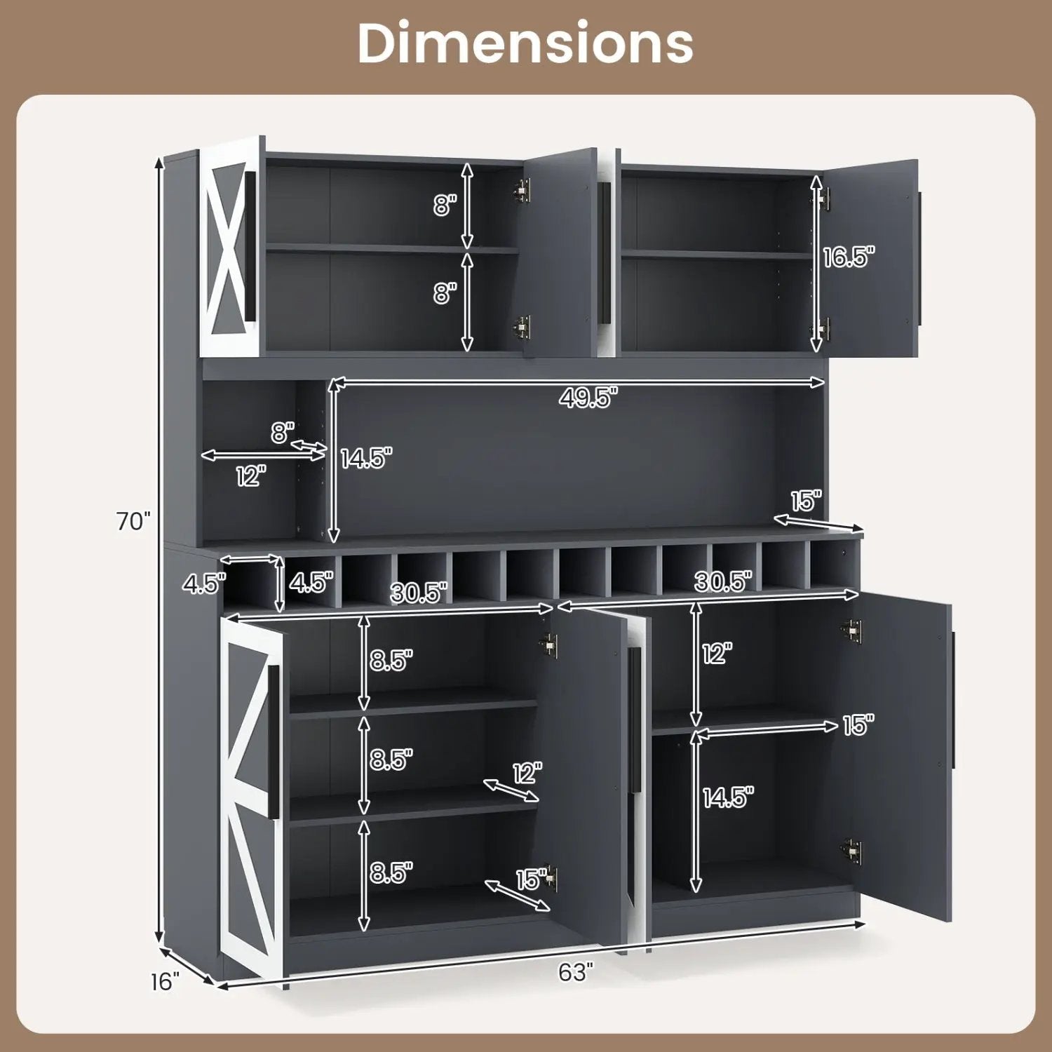 70 Inch Farmhouse Pantry Cabinet Kitchen Buffet Hutch with 4 Cabinets and 2 Open Shelves by DirectDeals