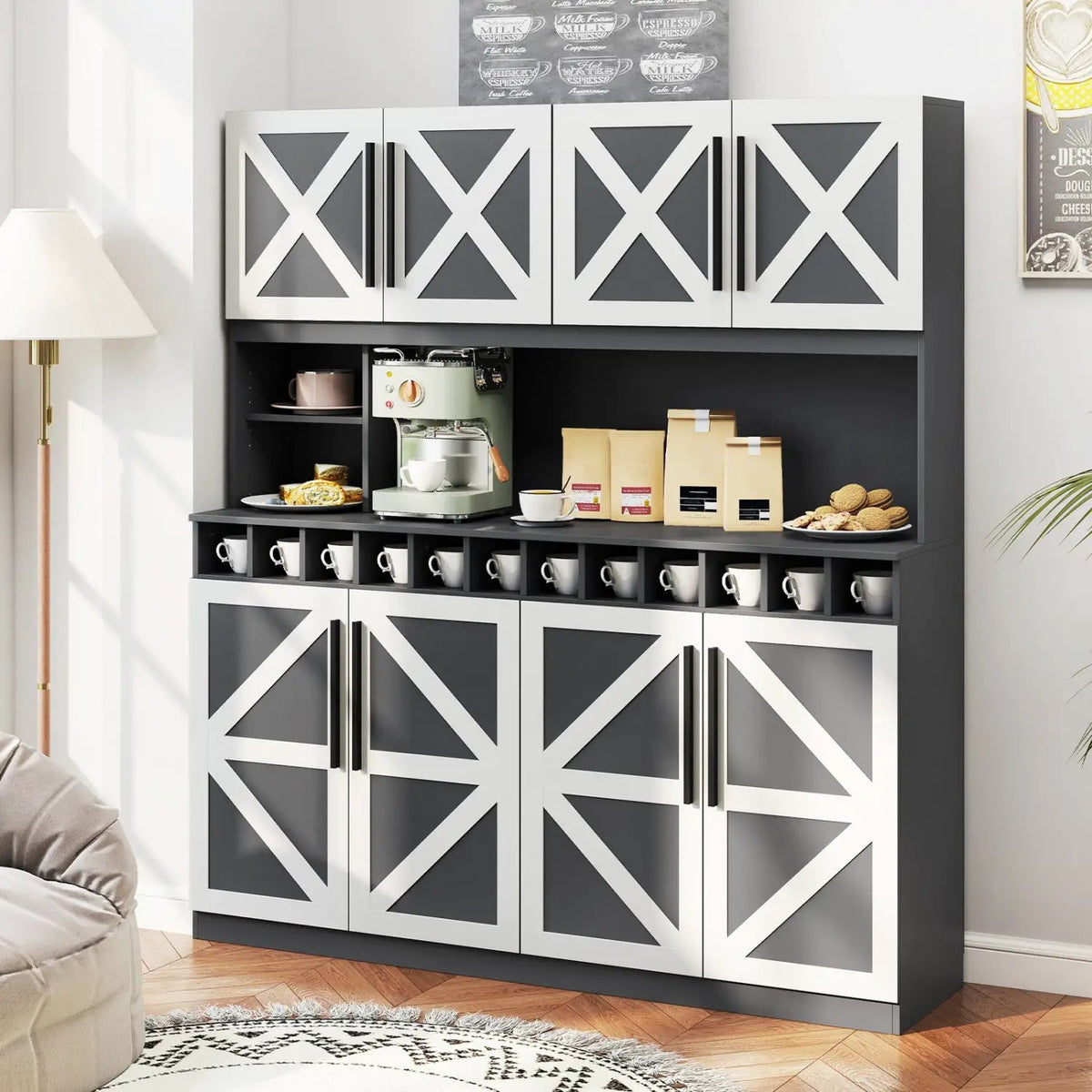 70 Inch Farmhouse Pantry Cabinet Kitchen Buffet Hutch with 4 Cabinets and 2 Open Shelves, photo 2 of 16