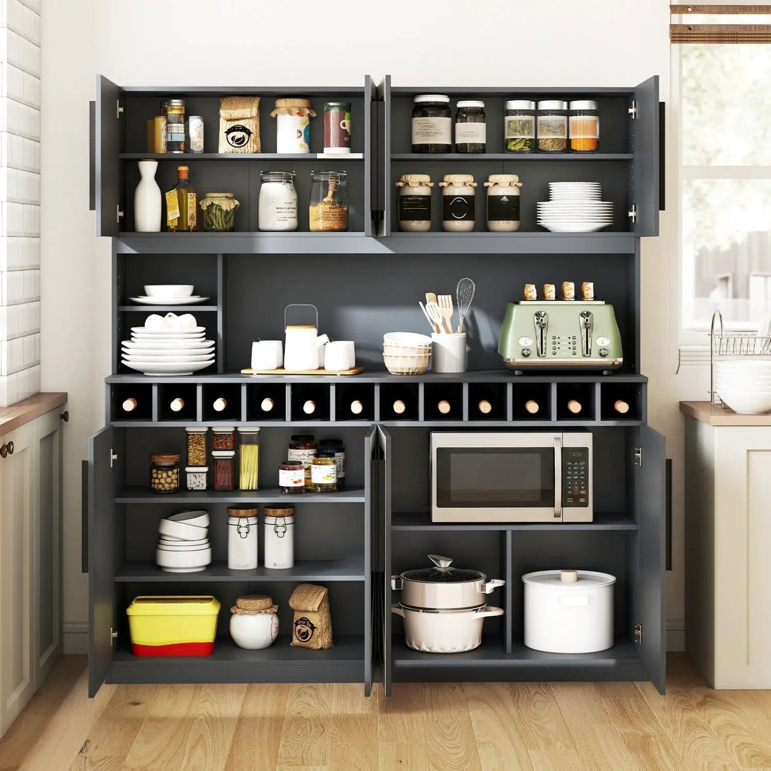 70 Inch Farmhouse Pantry Cabinet Kitchen Buffet Hutch with 4 Cabinets and 2 Open Shelves by DirectDeals