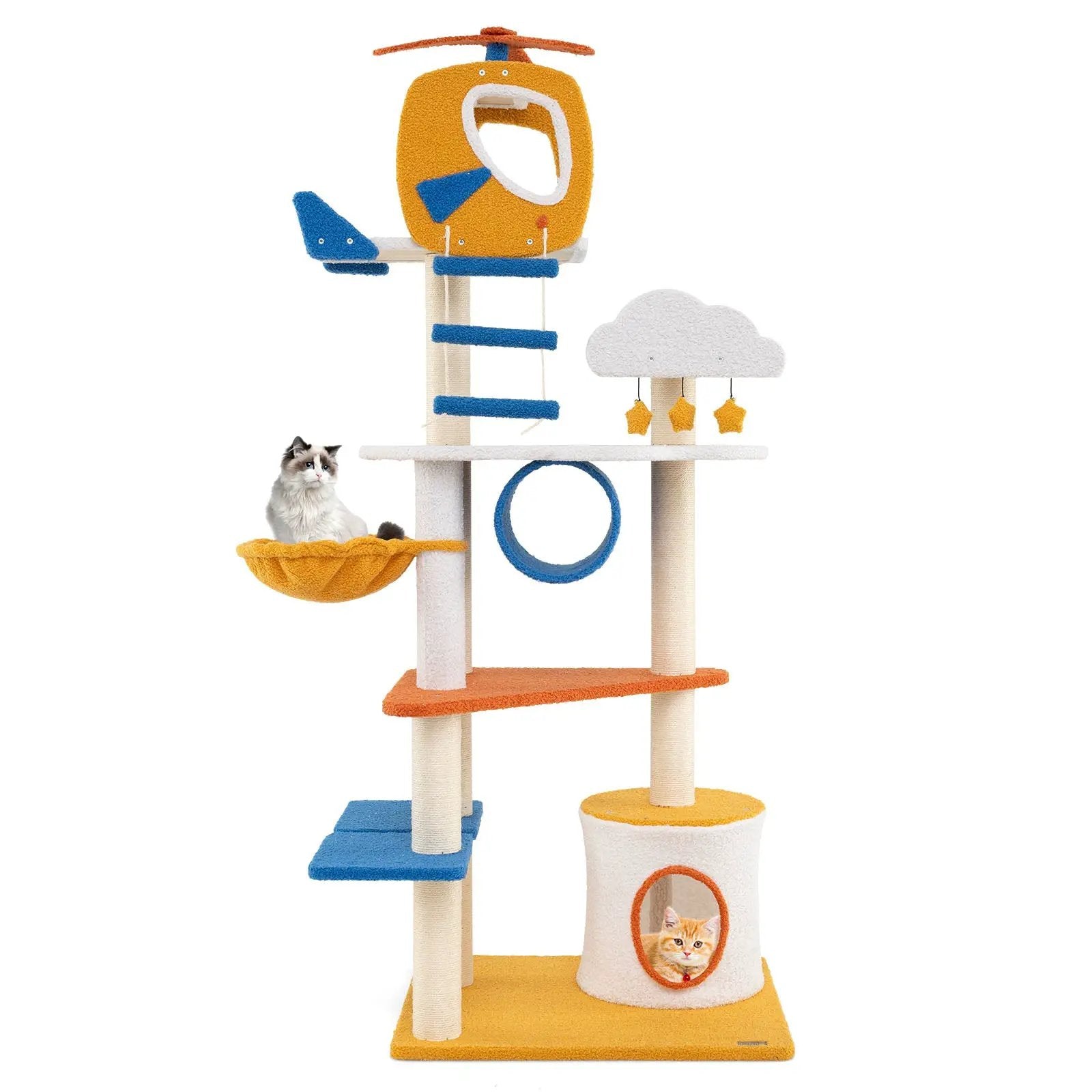 70 Inch Tall Aviation-themed Cat Tree with Helicopter Top Perch and Platforms-Yellow by DirectDeals