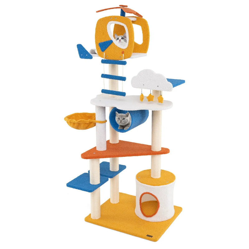 70 Inch Tall Aviation-themed Cat Tree with Helicopter Top Perch and Platforms-Yellow by DirectDeals