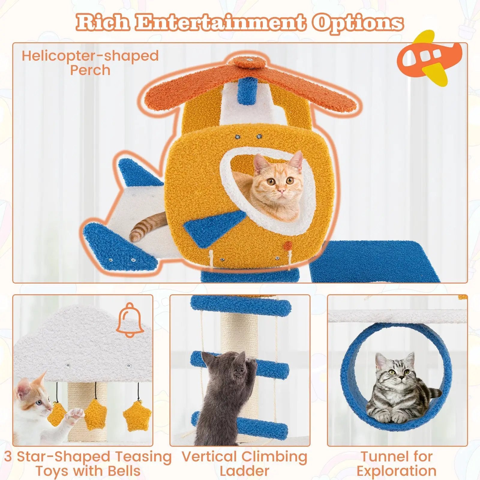 70 Inch Tall Aviation-themed Cat Tree with Helicopter Top Perch and Platforms-Yellow by DirectDeals