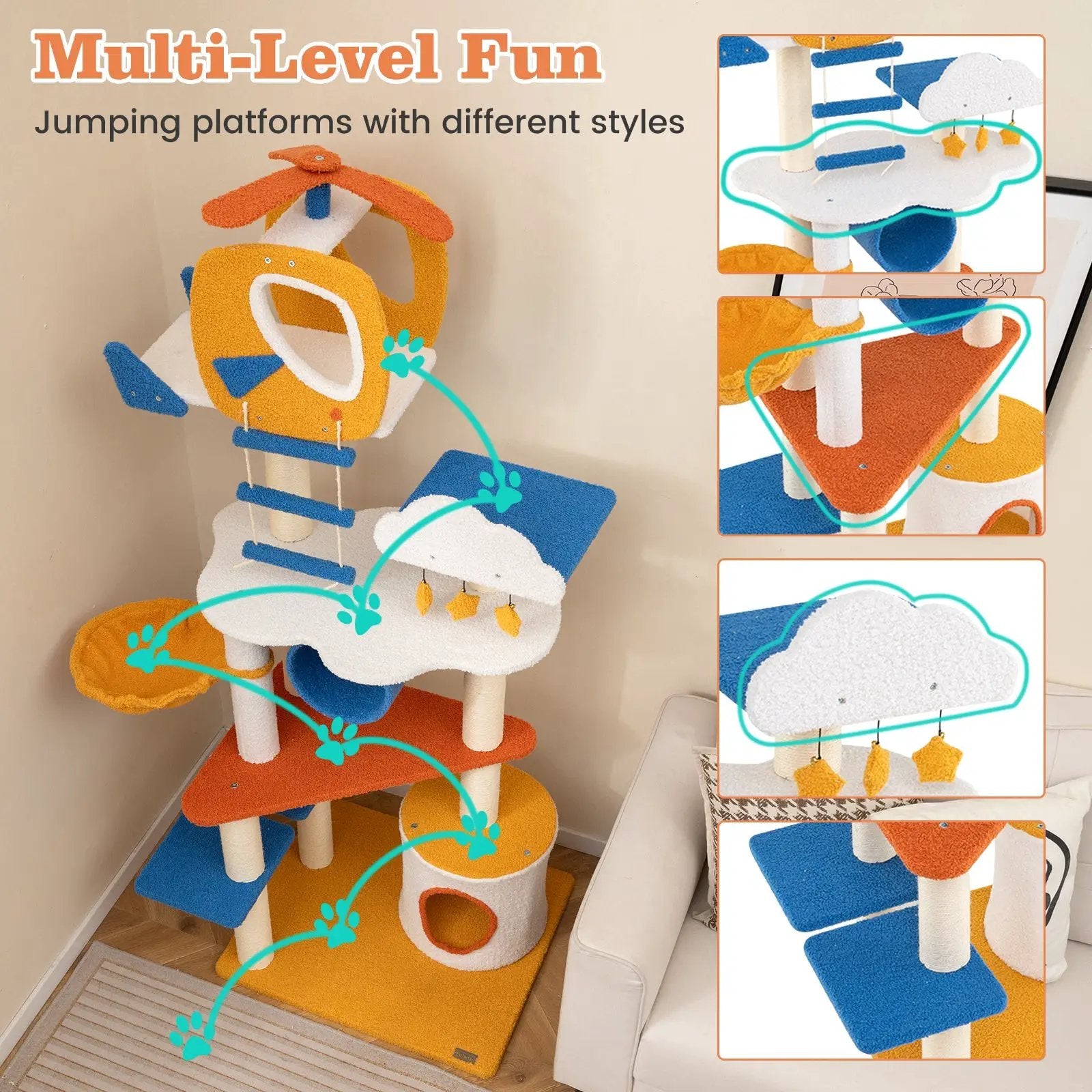 70 Inch Tall Aviation-themed Cat Tree with Helicopter Top Perch and Platforms-Yellow by DirectDeals