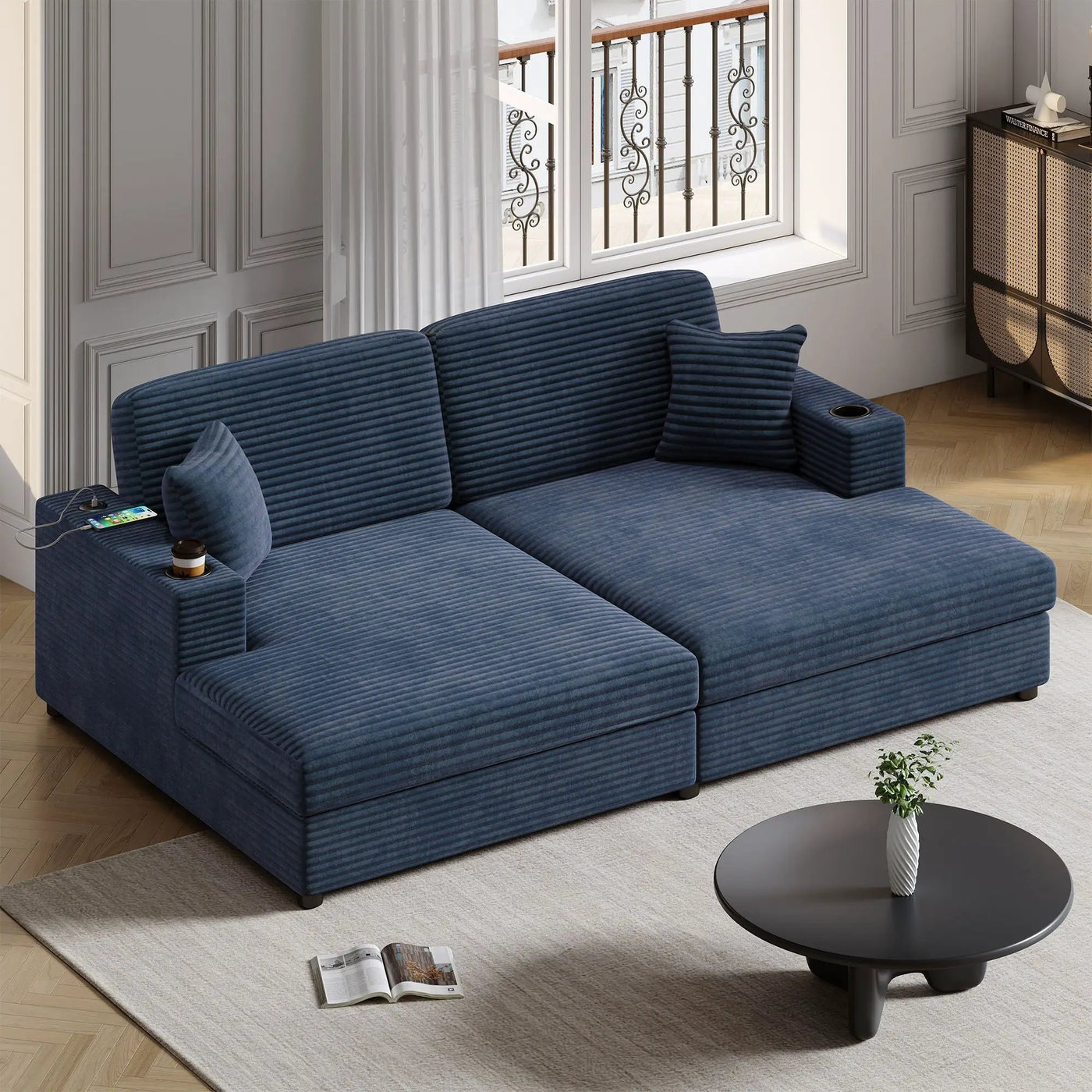Oversized Loveseat Chaise With 2 USB Ports, 2 Cup Holders And 2 Throw Pillows by Unique Piece Furniture