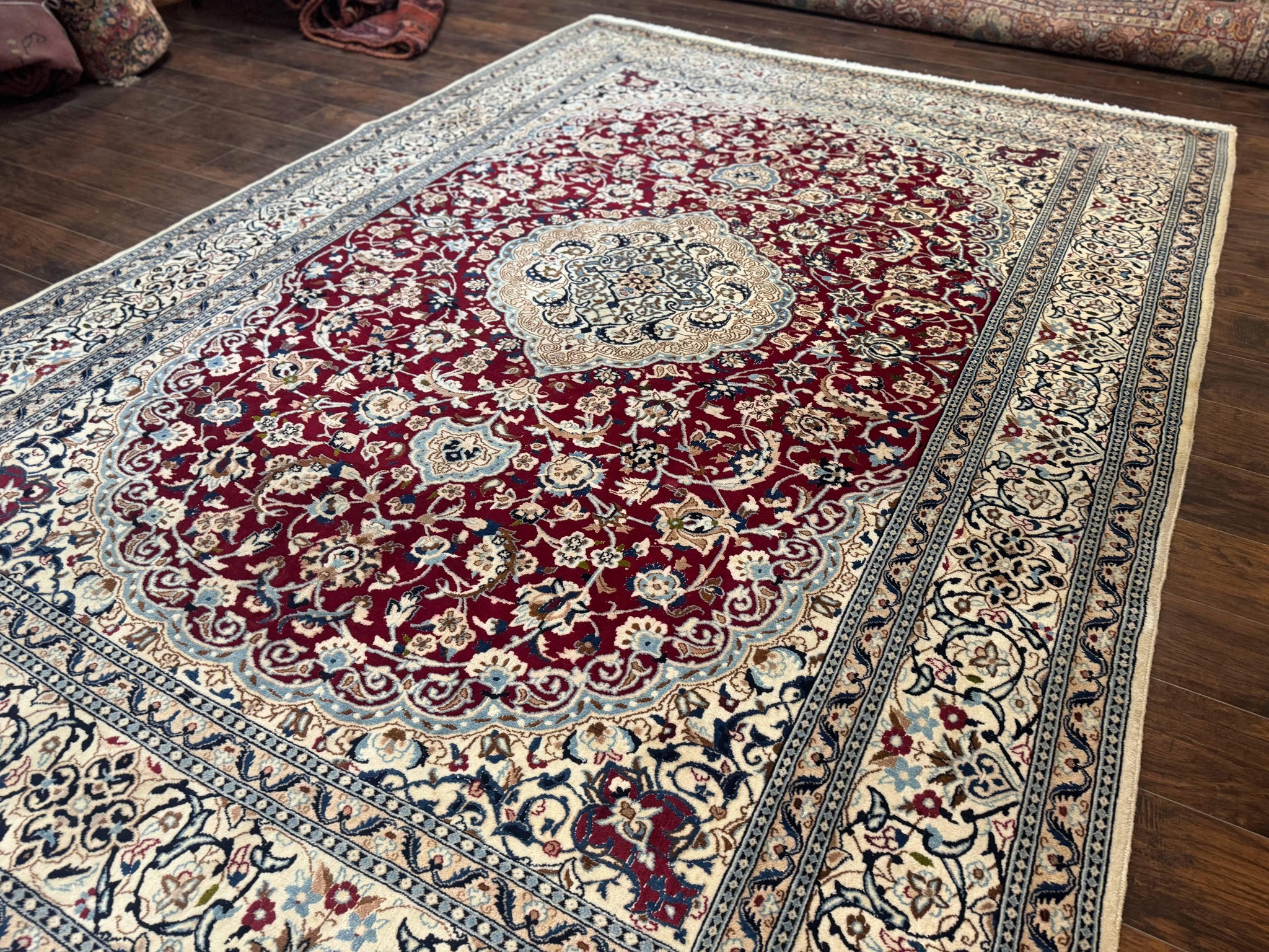 Persian Nain Rug 8x11, Wool and Silk Highlights, Burgundy & Ivory by Jewel Rugs