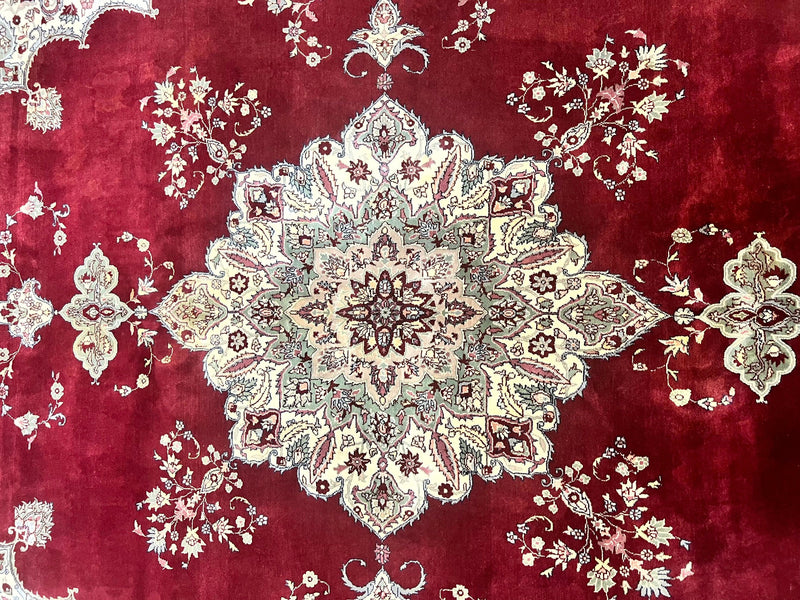 Pak Persian Rug 9x12, Handmade Vintage Traditional Wool Carpet, Floral Medallion, Dark Red Ivory/Cream, Fine 250 KPSI by Jewel Rugs