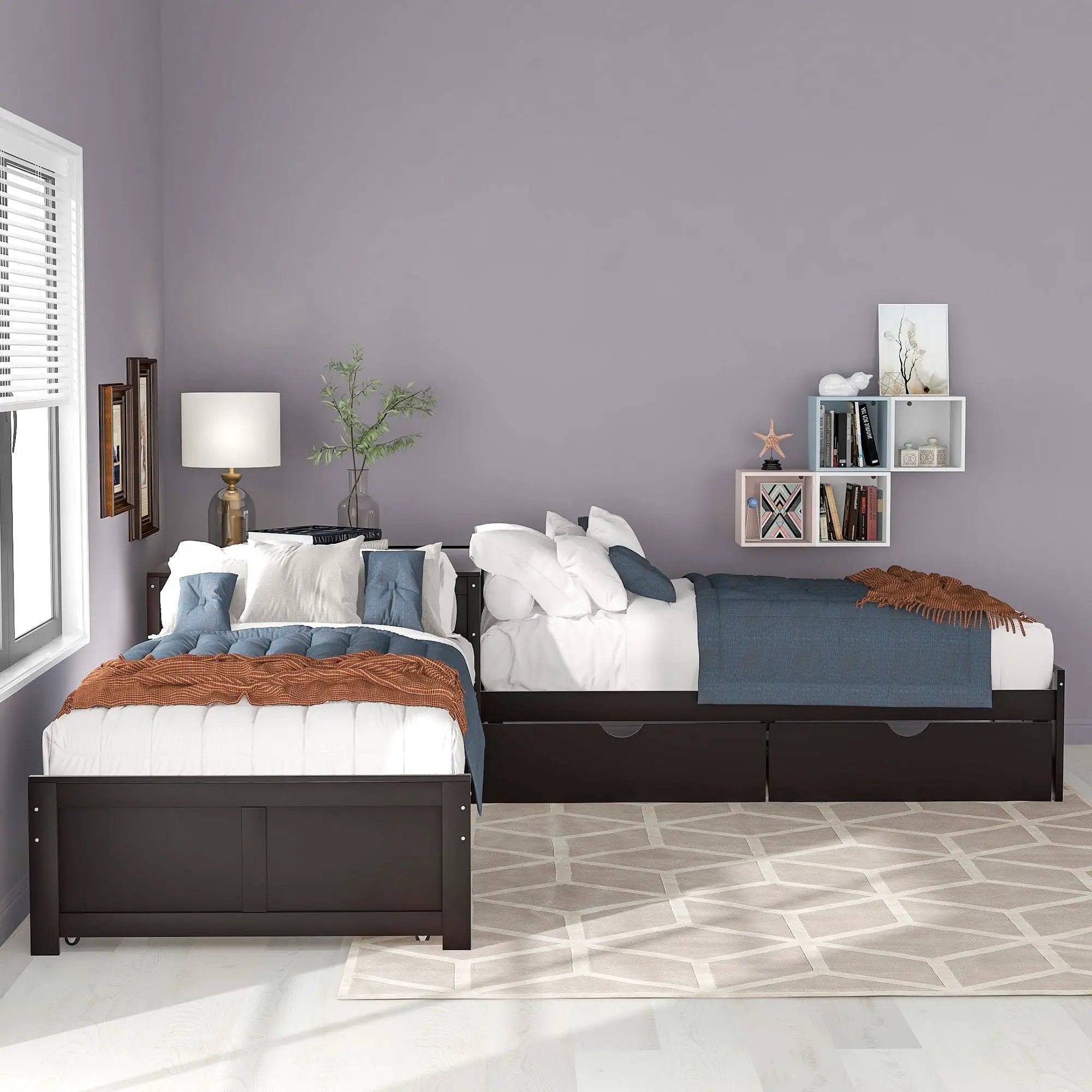 L Shaped Platform Bed With Trundle And Drawers Linked With Built In Desk by Unique Piece Furniture