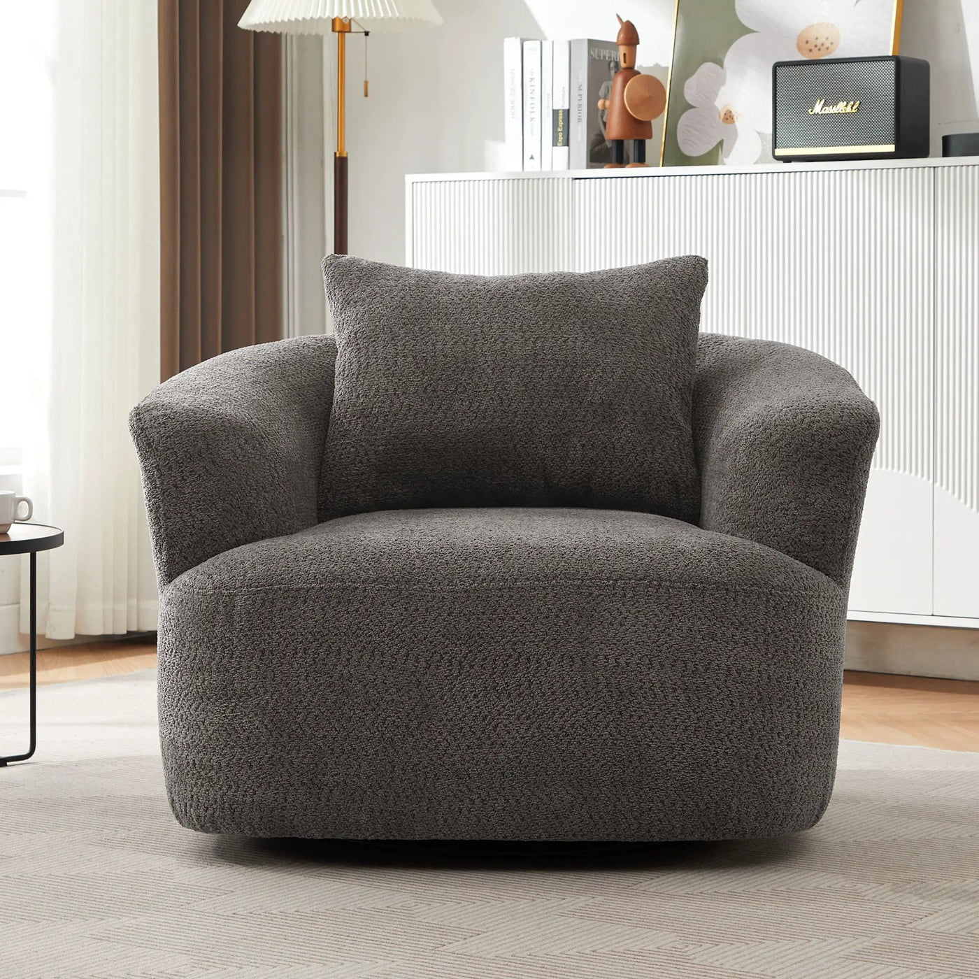 360° Swivel Barrel Sofa Chair With Throw Pillow, Upholstered Accent Chair by Unique Piece Furniture