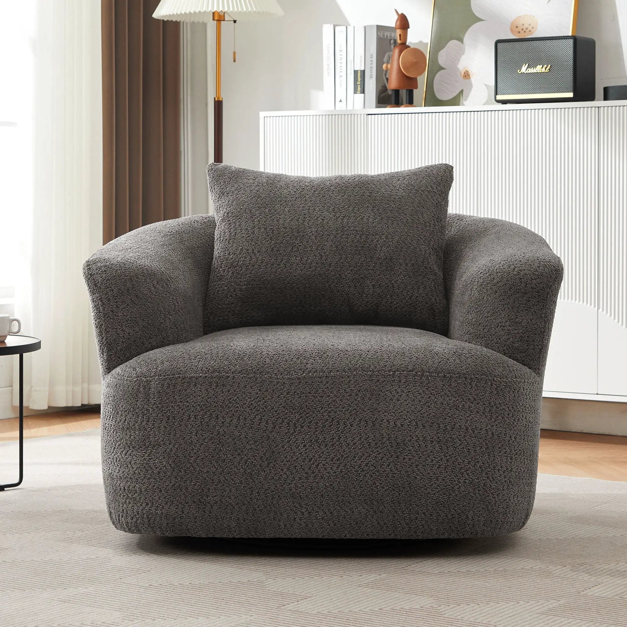 360° Swivel Barrel Sofa Chair With Throw Pillow, Upholstered Accent Chair by Unique Piece Furniture