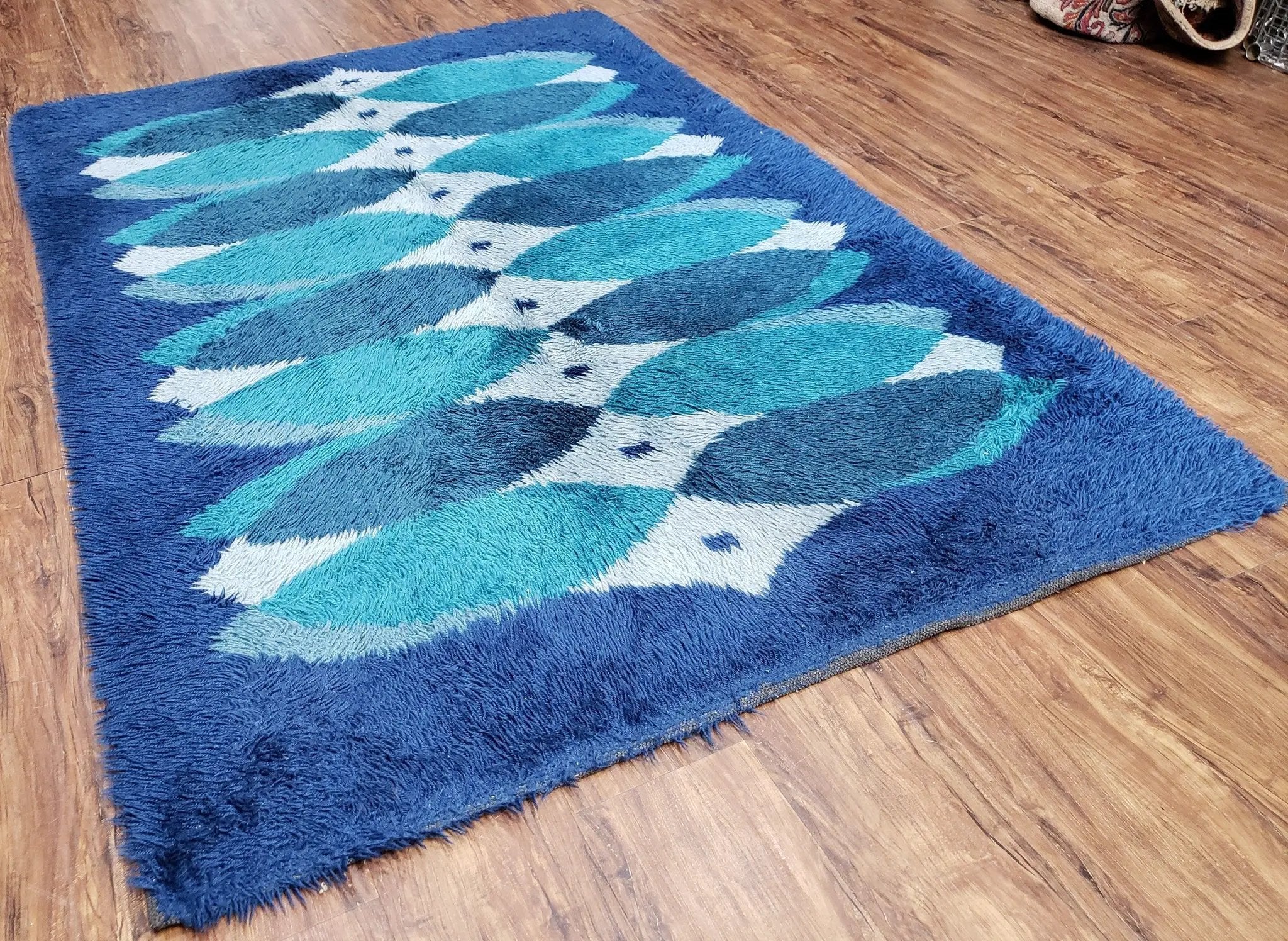 Blue Rya Rug, 1960s Mid-Century Modern Danish Shag Rug 4'6" x 6'7", Ege Rya, Abstract by Jewel Rugs