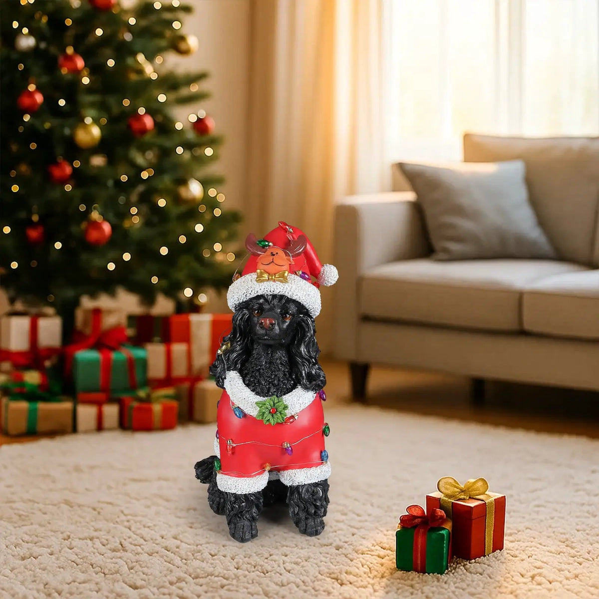 Festive Black Poodle Christmas Statue by HouseOfZazla