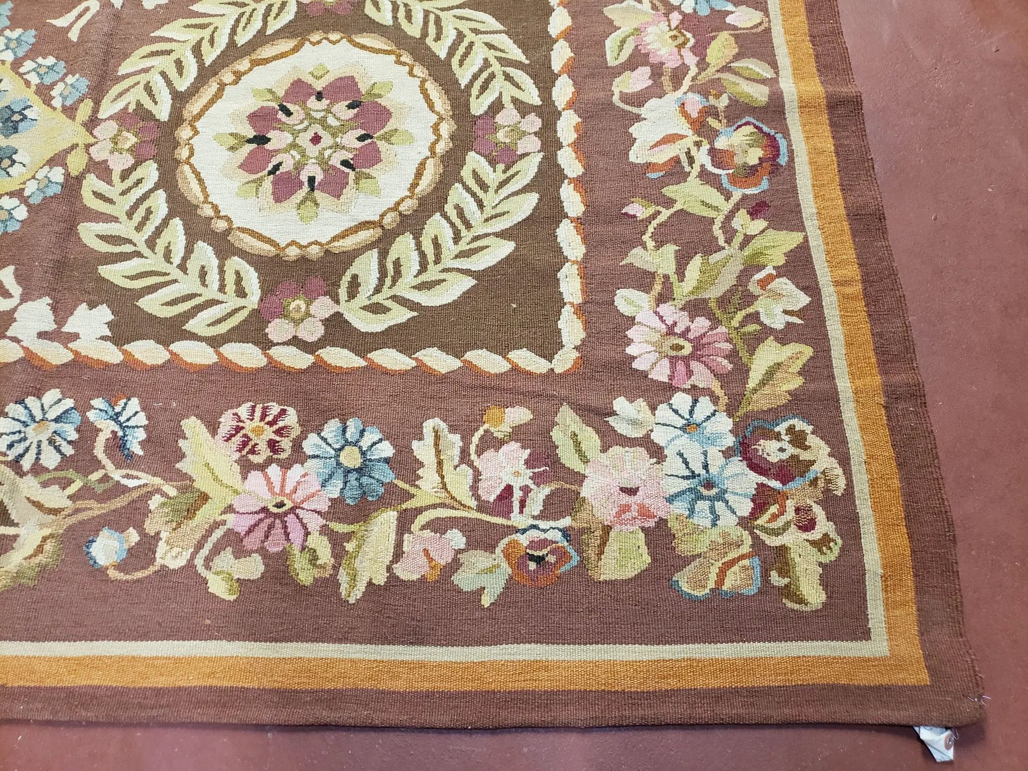 Aubusson Rug 6 x 9 Flat Weave Area Carpet European Design Flowers New Brown Rug Handmade Wool Hand-Knotted Aubusson Weave Medium Rug 6x9 by Jewel Rugs