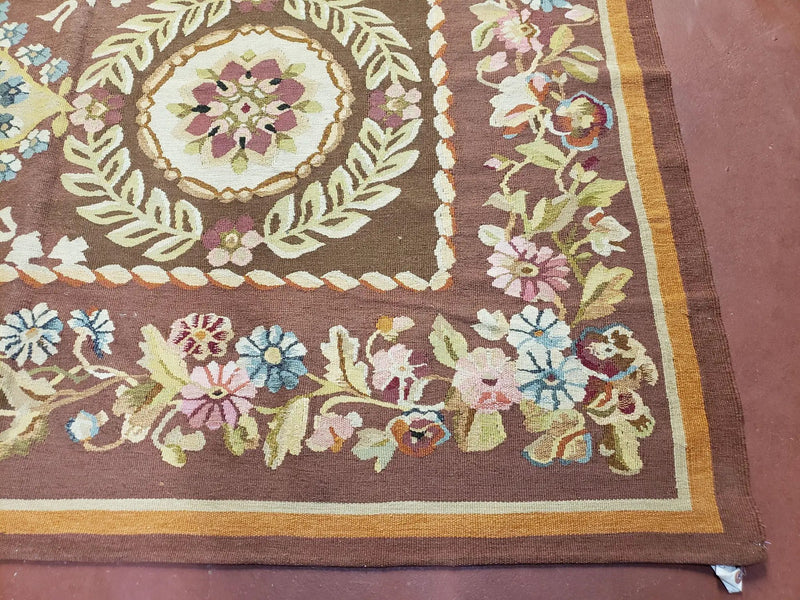 Aubusson Rug 6 x 9 Flat Weave Area Carpet European Design Flowers New Brown Rug Handmade Wool Hand-Knotted Aubusson Weave Medium Rug 6x9 by Jewel Rugs