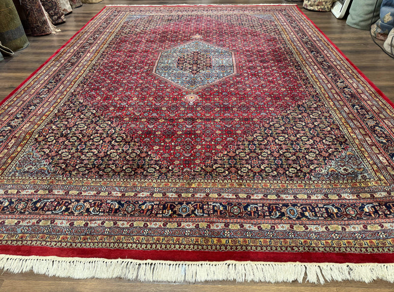 Indo Persian Bidjar Rug 10x14, Red and Dark Blue, Herati Mahi Pattern, Vintage by Jewel Rugs