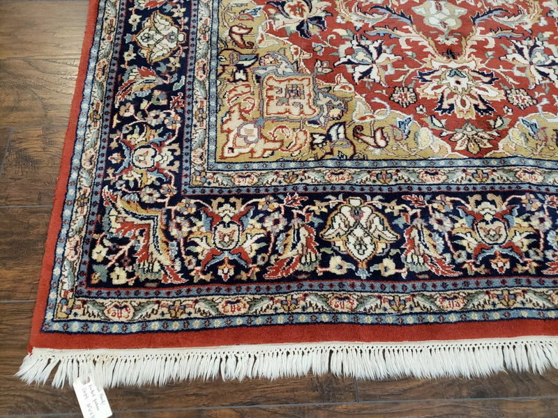 Vintage Indo Persian Oriental Rug 6 x 9.6, Wool Hand-Knotted Red Dark Blue & Gold Indian Carpet, 6 x 9 Office Room Rug, Floral Medallion by Jewel Rugs