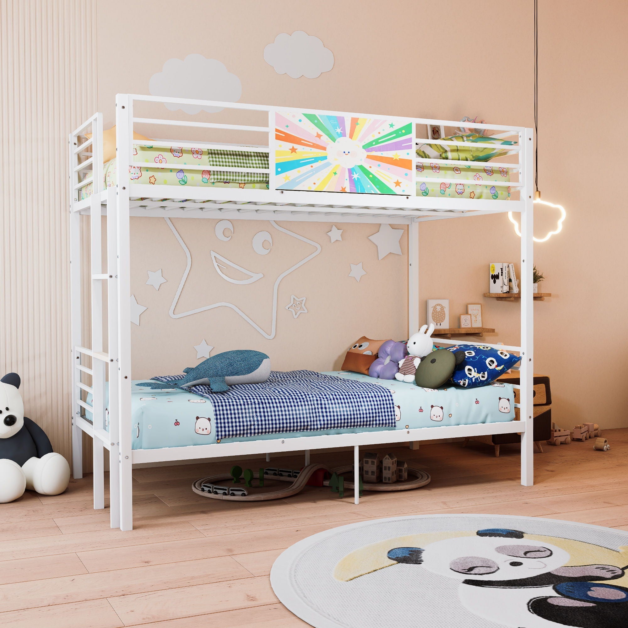 Bunk Bed, Convertible To 2 Separate Twin Size Beds & Full Length Guardrail & Ladder, No Box Spring Needed - White by HouseOfZazla
