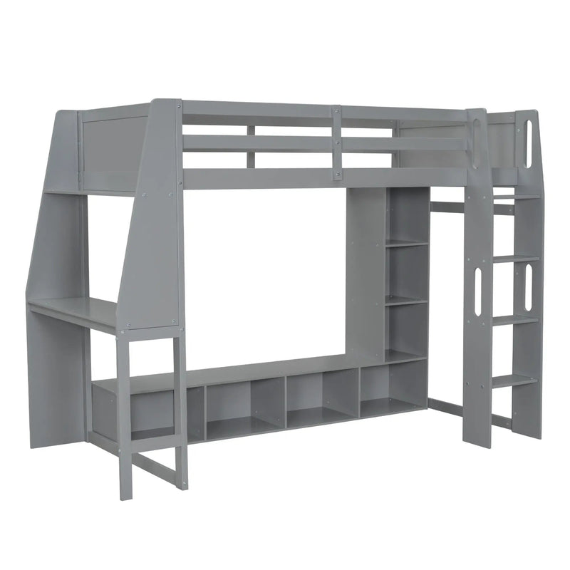 Gaming Loft Bed With Desk, Multi Storage Shelves, LED Lighting, And Hanging Clothes Rack by HouseOfZazla