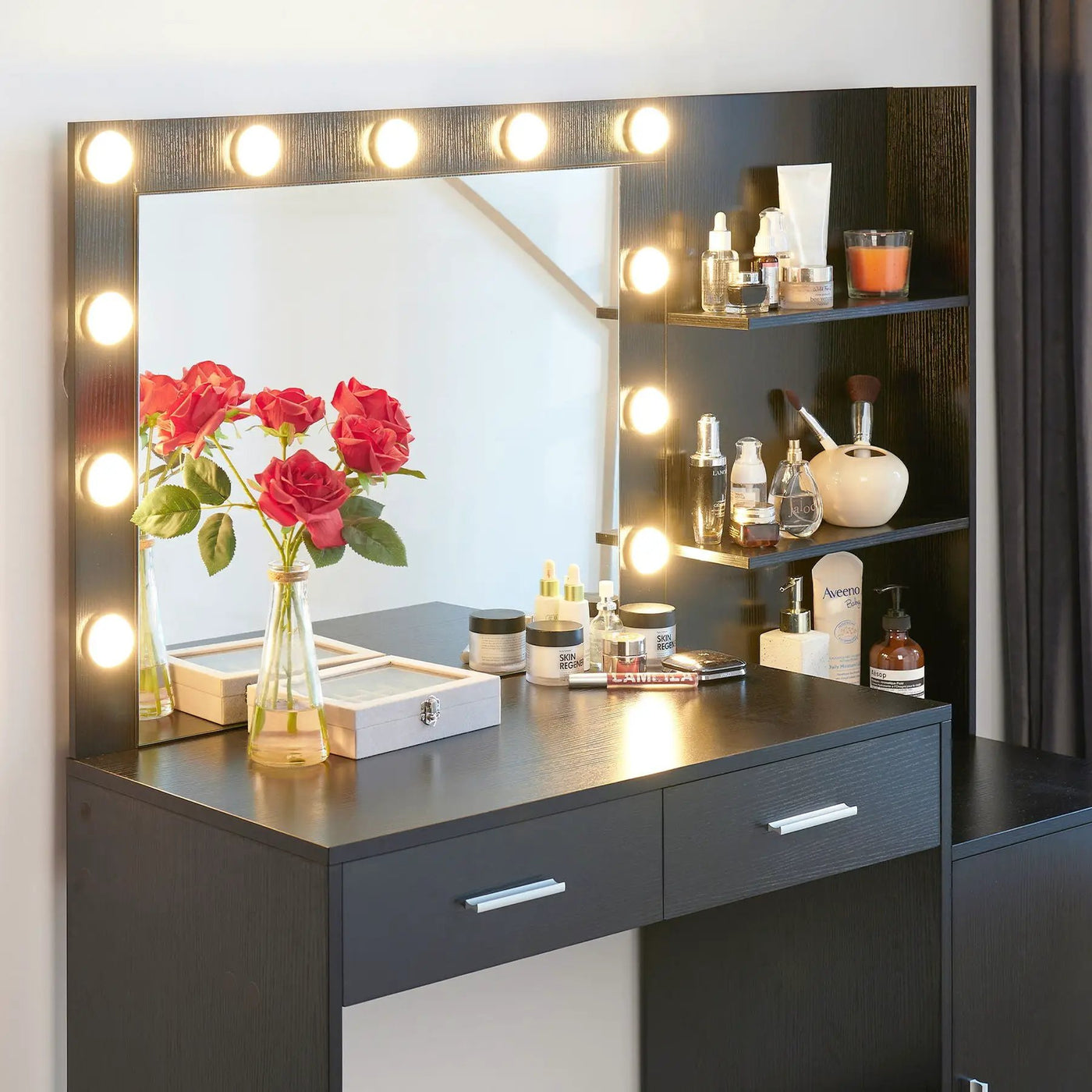 Vanity Desk With Mirror And Lights, 46.4In Dressing Table With 2 Large Drawer & Large Vertical Organizer, 3 Level Dresser & 3 Lighting Modes Adjustable Brightness, Suitable For Bedroom by Unique Piece Furniture