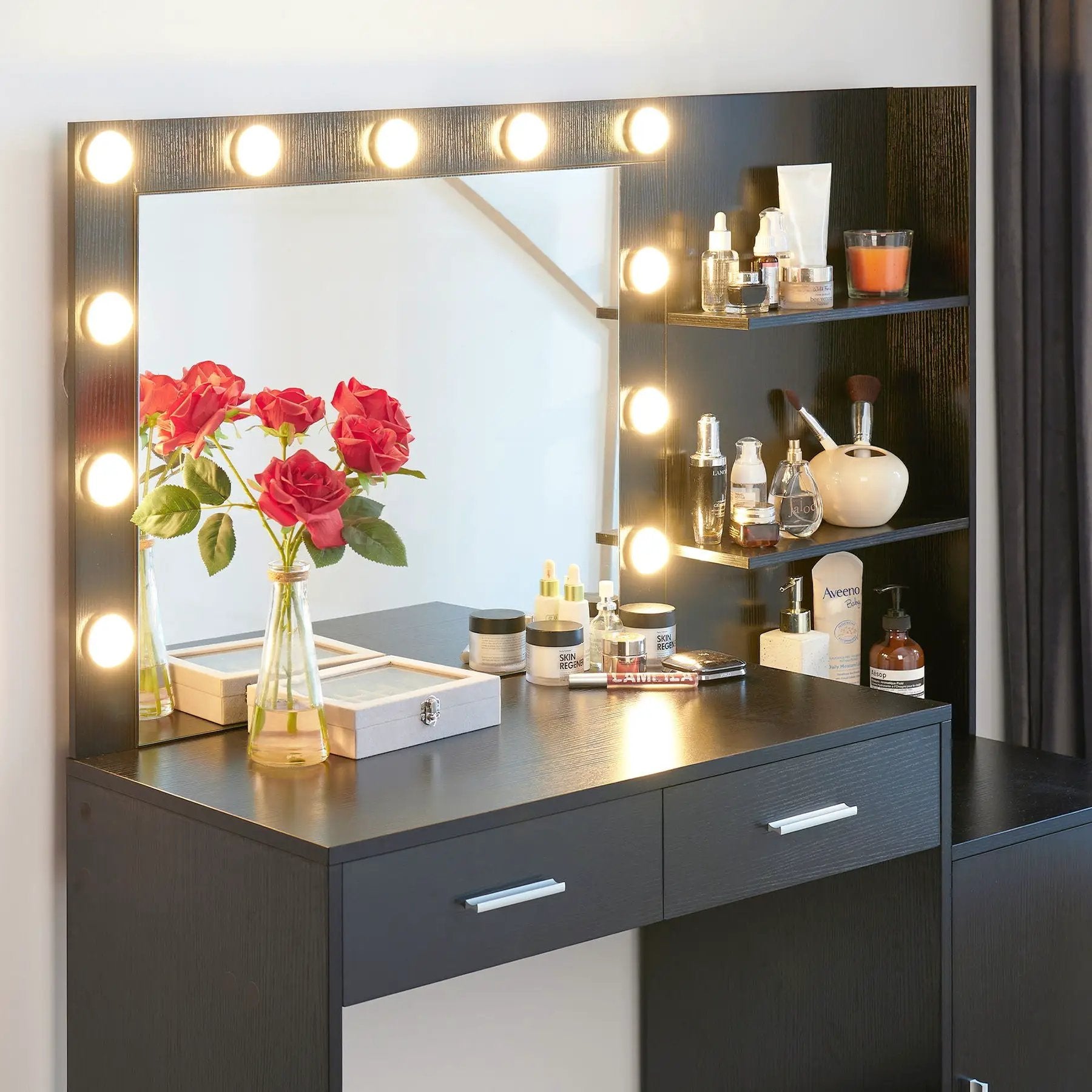 Vanity Desk With Mirror And Lights, 46.4In Dressing Table With 2 Large Drawer & Large Vertical Organizer, 3 Level Dresser & 3 Lighting Modes Adjustable Brightness, Suitable For Bedroom by Unique Piece Furniture