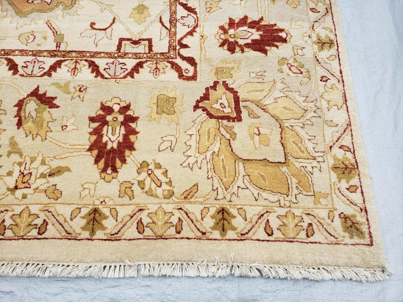 Vintage Oushak Area Rug, Hand-Knotted, Wool, Cream Beige Maroon, 10x15 Rug, 10x14 Rug, Large Oriental Carpet by Jewel Rugs