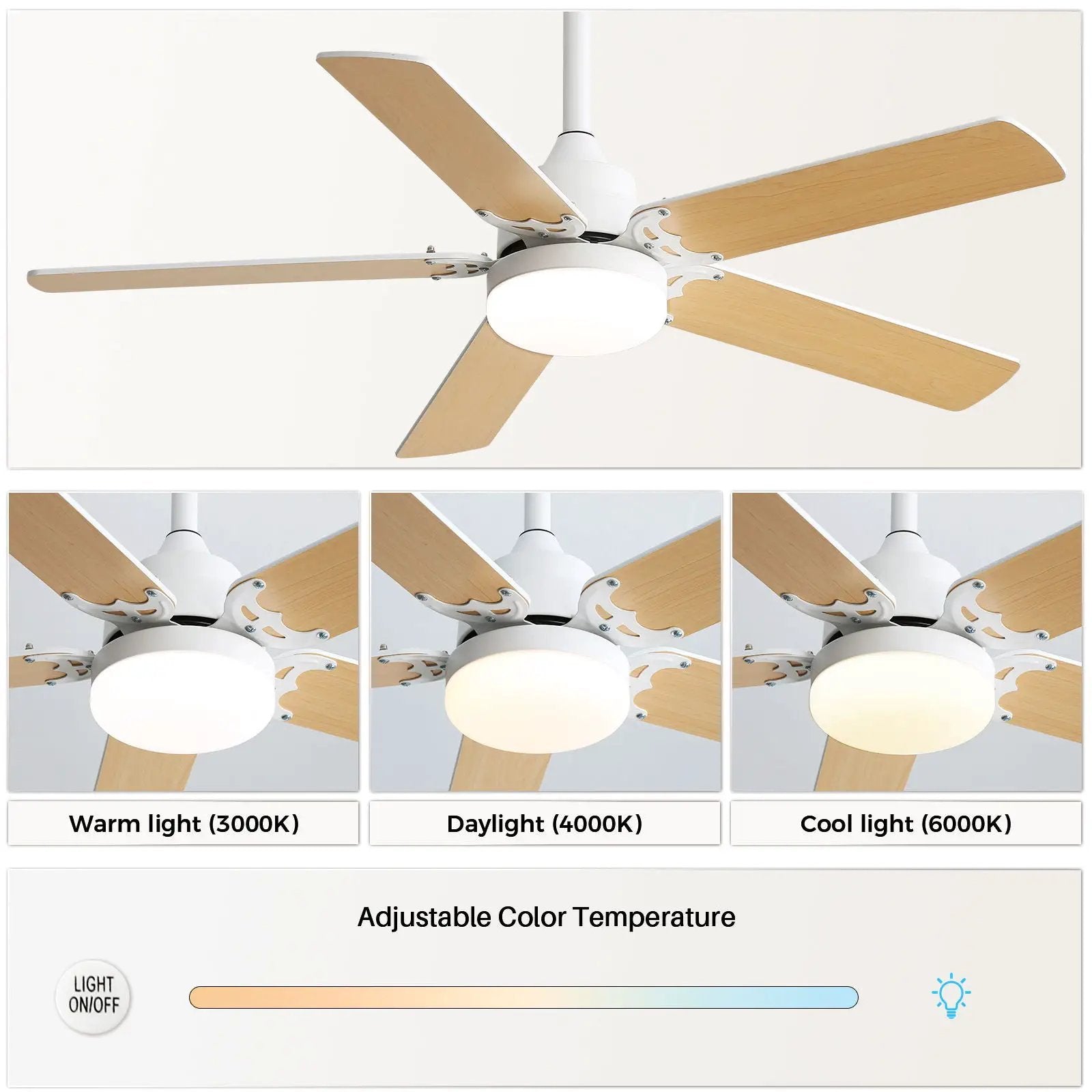 Modern Ceiling Fan With 3 Color Dimmable Light 5 Blades Remote Control Reversible Dc Motor - White by HouseOfZazla