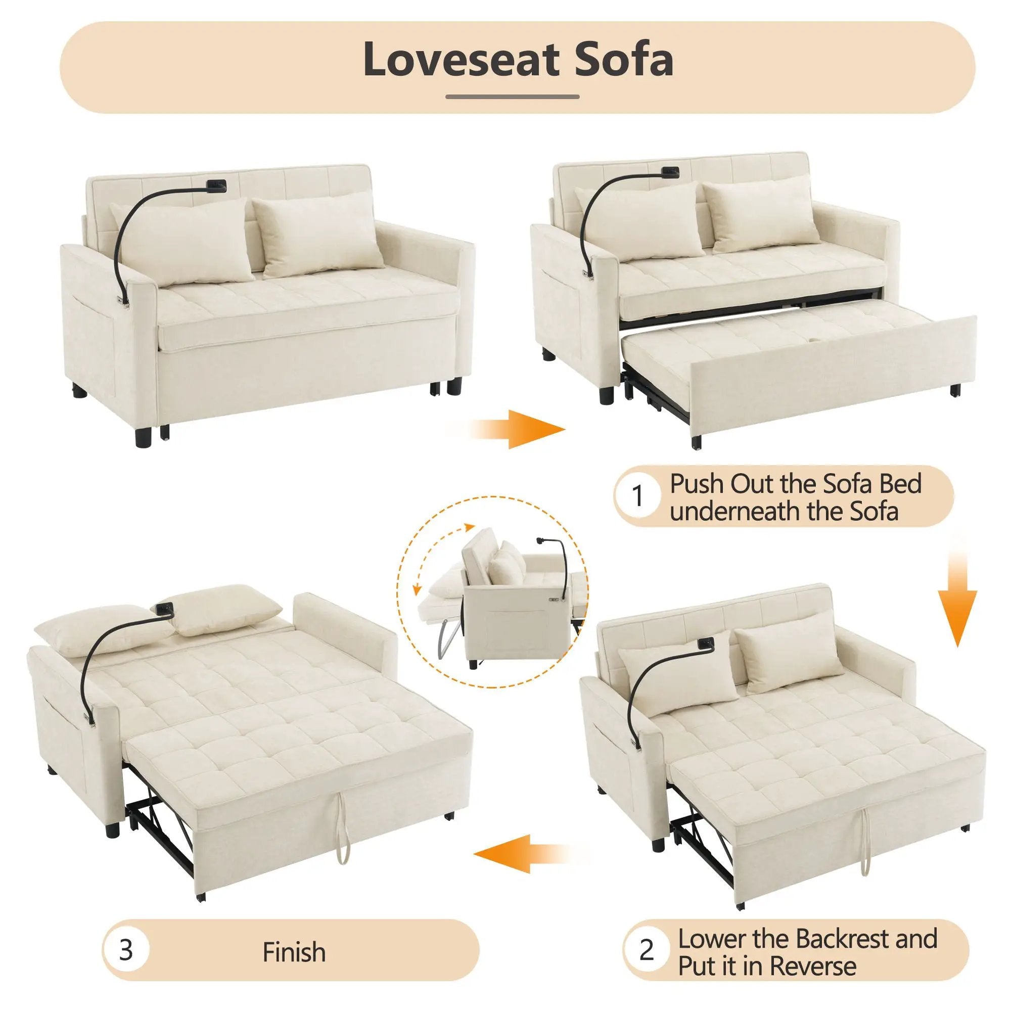 Pull-Out Sleeper Sofa With Reversible Backrest Cushion, Side Pockets, 2 USB Ports And A Phone Holder For Living Room by Unique Piece Furniture