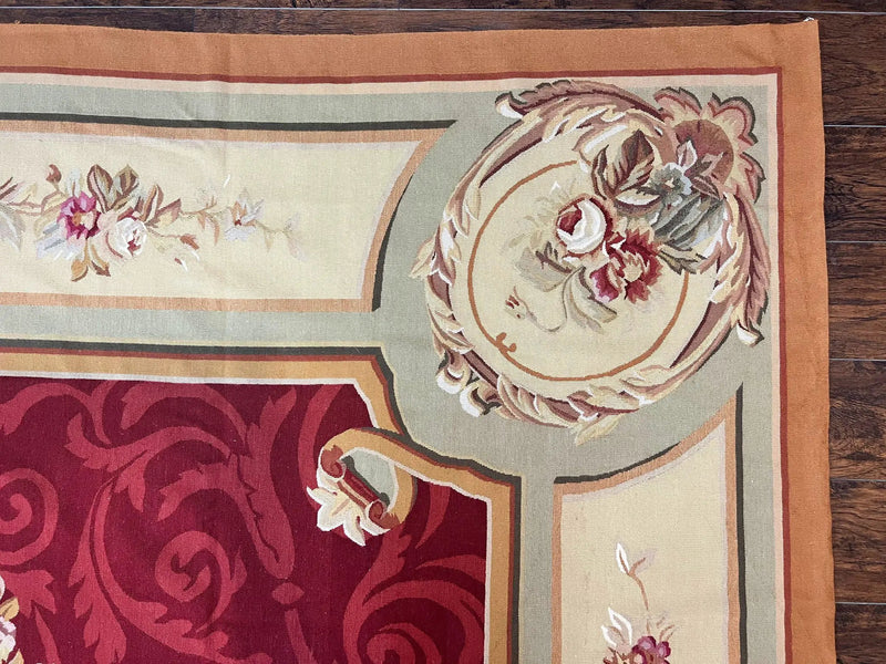 Large Aubusson Rug 10x14, Wool Handmade Vintage Carpet, Dark Red Ivory Tan, French European Elegant Aubusson Weave Rug by Jewel Rugs