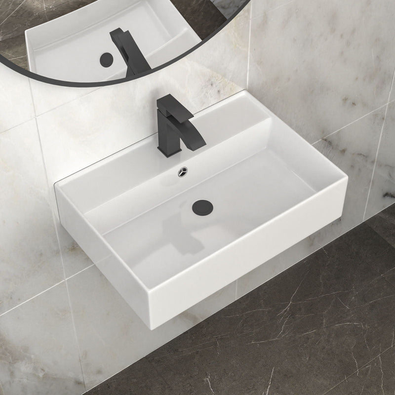 Modern Ceramic Rectangular Wall Mounted Bathroom Sink With Faucet Hole & Overflow by HouseOfZazla