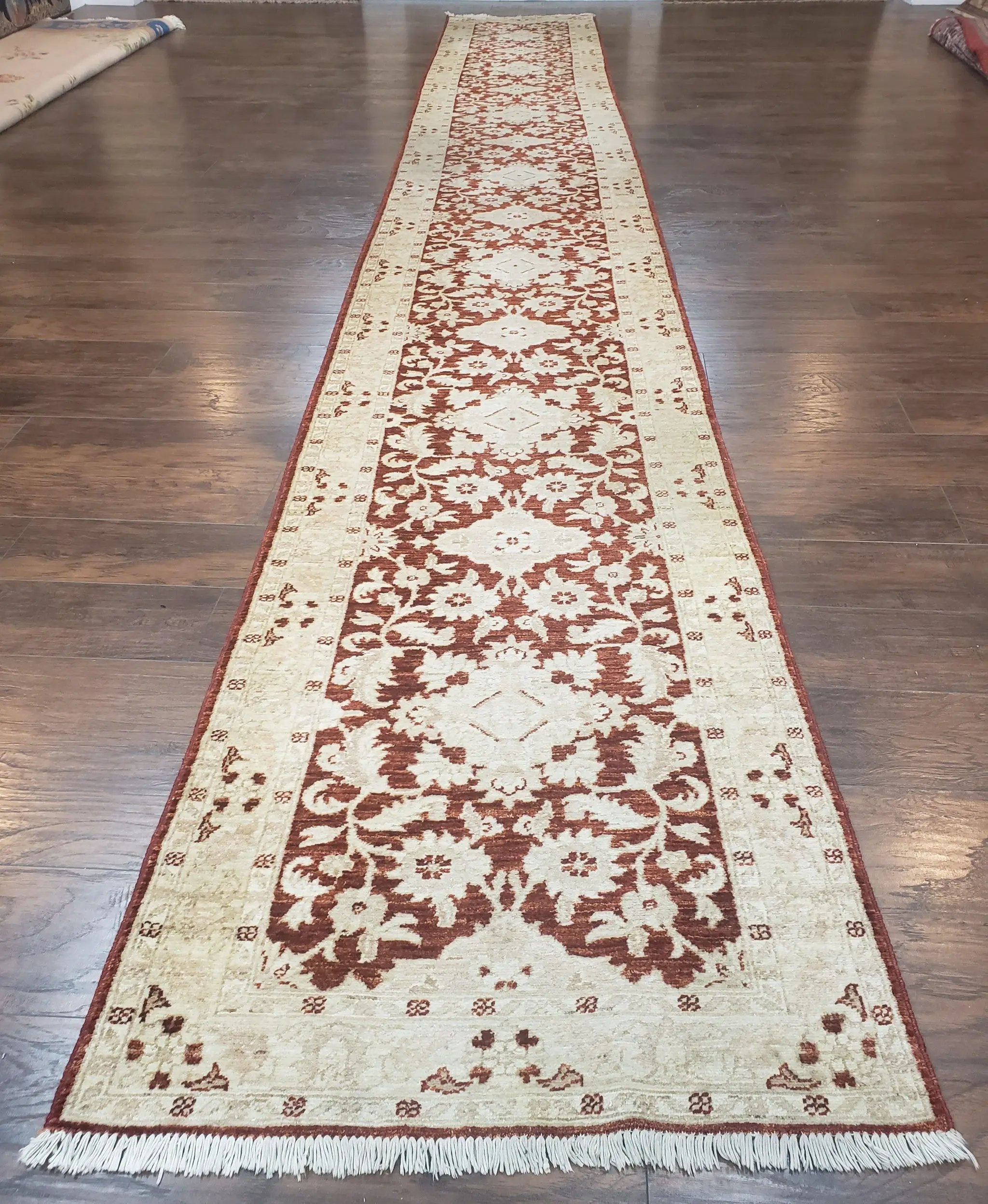 21 ft Runner Rug Long Hallway Runner, 3 x 21 Corridor Rug, Peshawar Pak Persian Chobi Agra Rug, Maroon and Beige Large Flowers Wool Handmade by Jewel Rugs