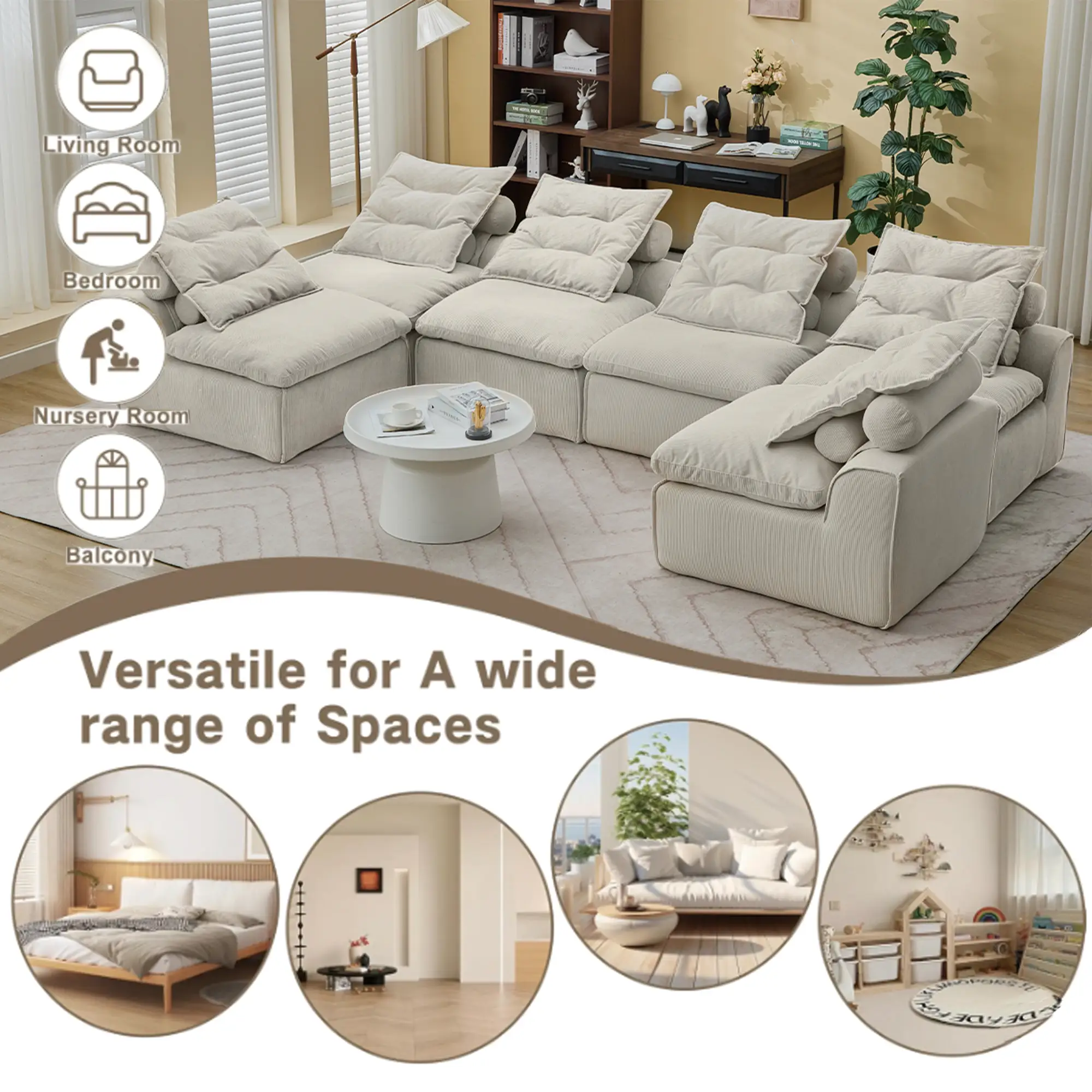 Modular Sofa 6-Piece Set in Beige Corduroy by GigaTech by HouseOfZazla