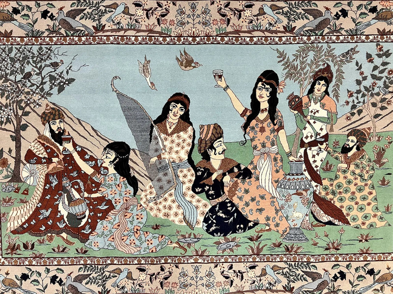 Indo Persian Pictorial Rug 4x7, Handmade Hand Knotted Wool Semi Antique Horizontal Carpet, Men & Women Drinking, Fine Rug, Bird Pictorials by Jewel Rugs