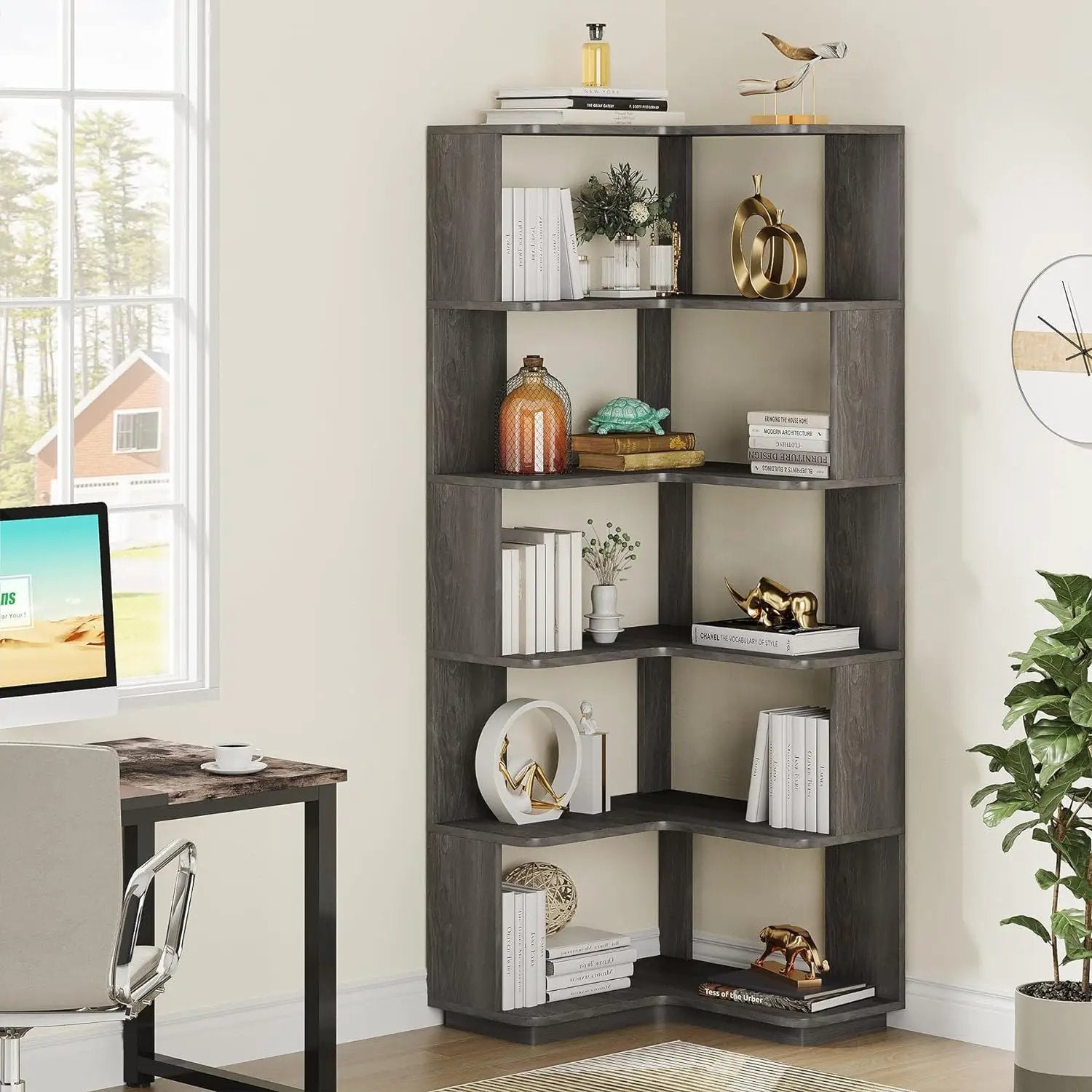 6 Tier Corner Bookshelf, L-Shaped Freestanding Shelf With Anti Drop Panels by HouseOfZazla