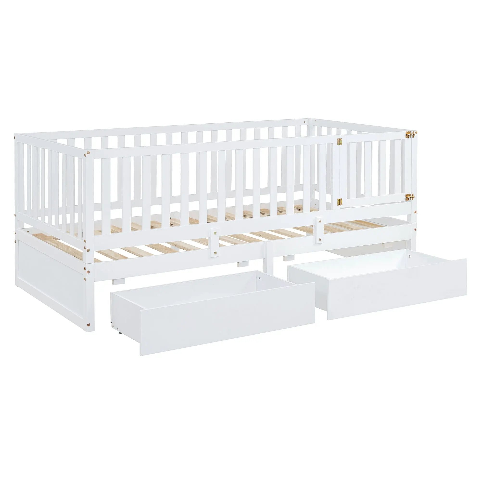 Daybed With Fence Guardrails And 2 Drawers, Split Into Independent Floor Bed & Daybed by HouseOfZazla