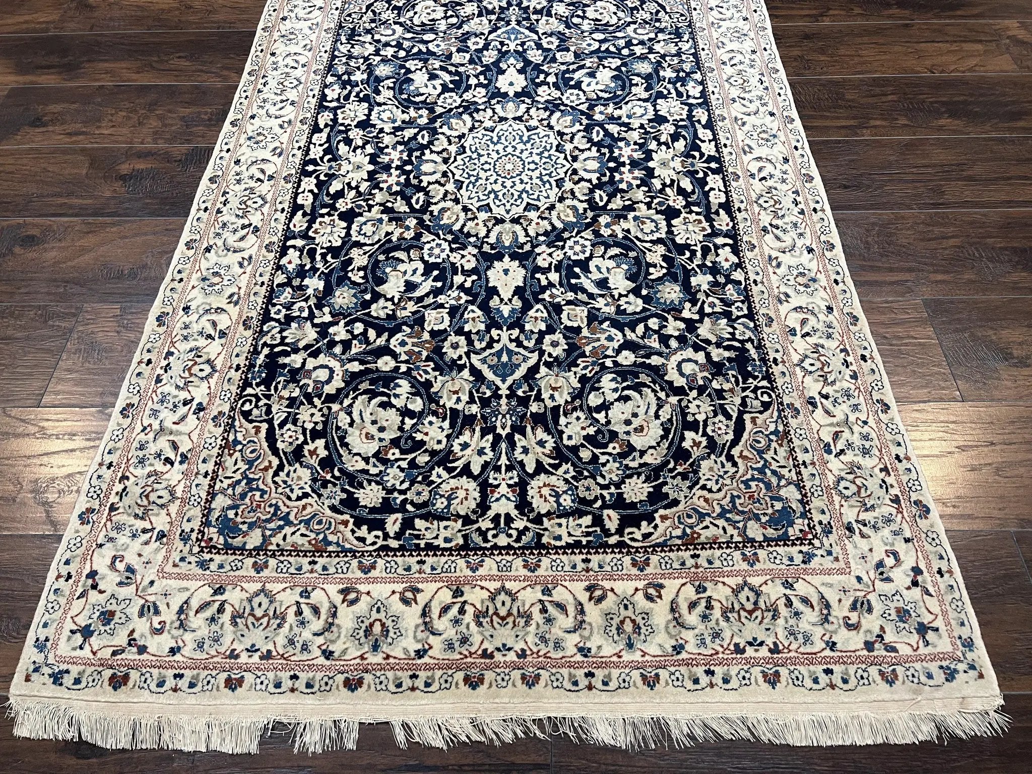 Very Fine Persian Nain Rug 3.7 x 6, Floral Medallion, Wool and Silk Accents, Highly Detailed, Hand Knotted Oriental Carpet, Navy Blue Ivory/Cream by Jewel Rugs