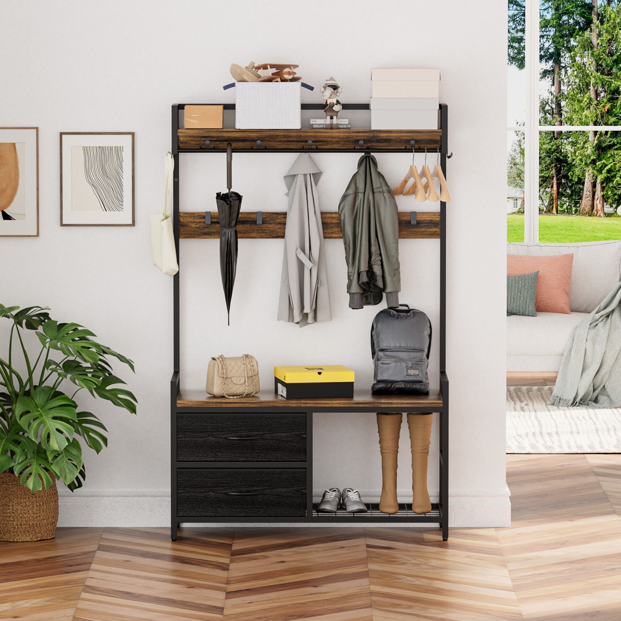 Hall Tree With 2 Movable Drawers, Shoe Storage, Shelves, Garment Racks, And 23 Hooks For Entryway - Rustic Brown by HouseOfZazla