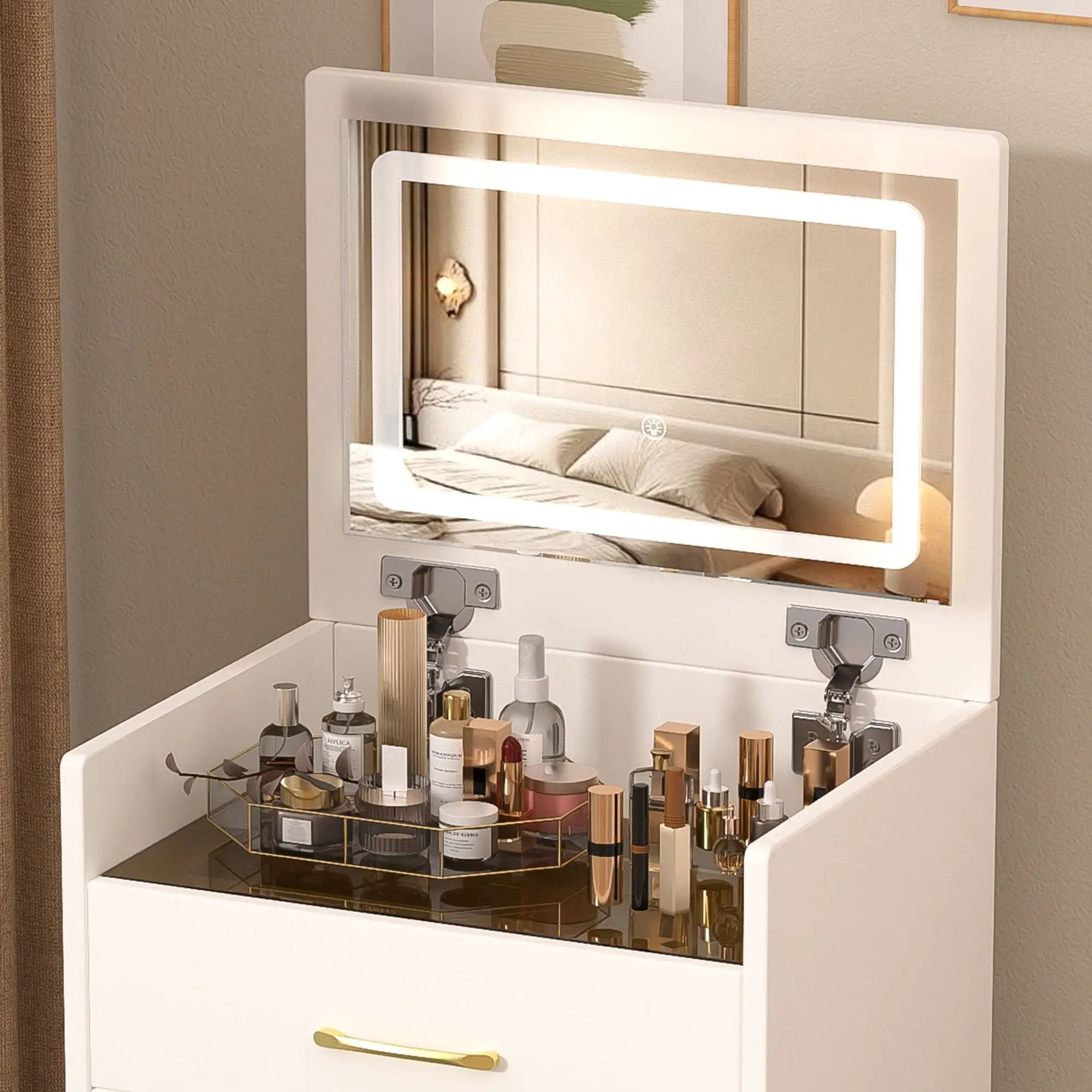 Compact 3 In 1 Vanity Desk With Open Top Mirror, Glass Desktop, 5 Height - White by Unique Piece Furniture