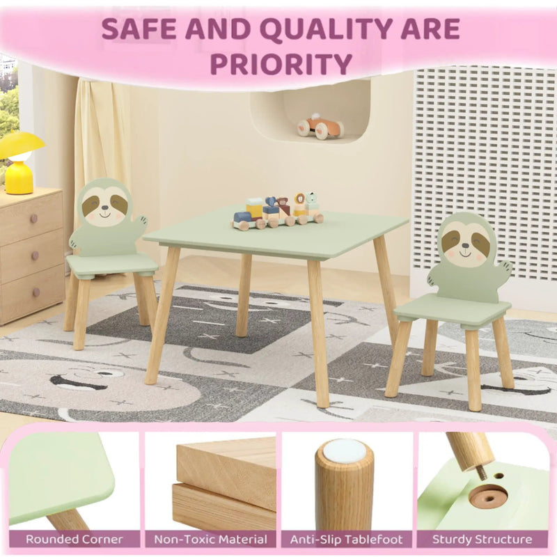 Sloth Themed Table And Chair Set With 2 Cute Animal Chairs - Natural Wood / Sage Green by HouseOfZazla