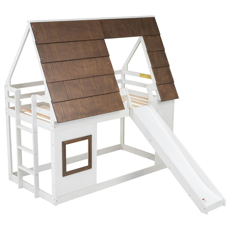 Wood Twin Size House Bunk Bed With Roof, Ladder And Slide - White / Brown by Unique Piece Furniture