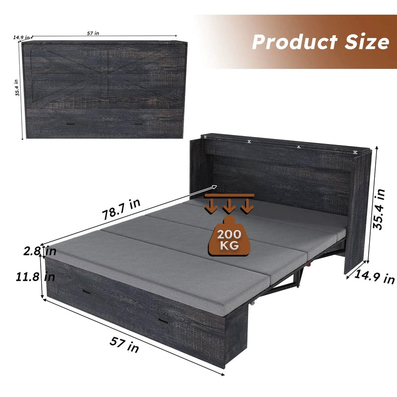 Murphy Bed With Storage Drawers And Charging Cabinet, Foldable Panels, Swivel Wheels by HouseOfZazla