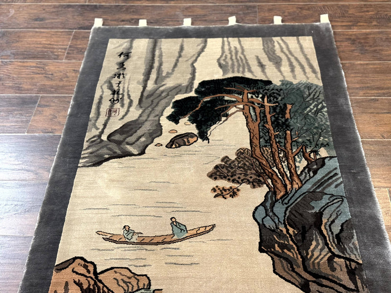 Chinese Silk Wall Hanging 3x5, Handmade, River and Boat Scene, Rug Tapestry by Jewel Rugs