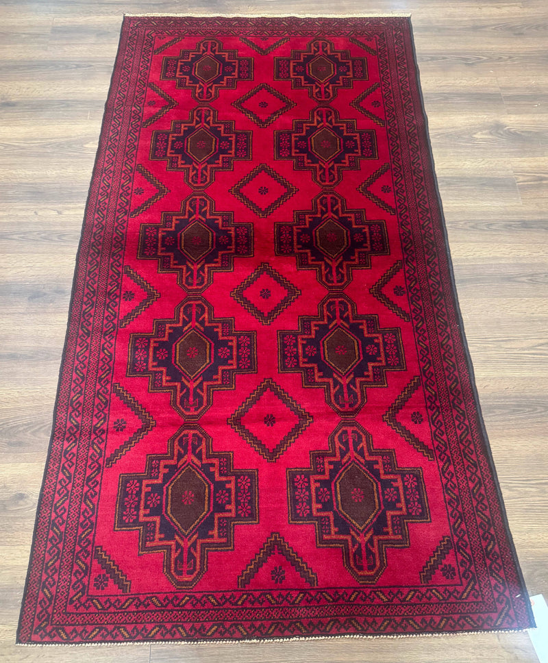 Afghan Rug 4x7, Tribal Carpet, Balouch Rug, Red and Navy Blue, Repeated Medallions, New by Jewel Rugs
