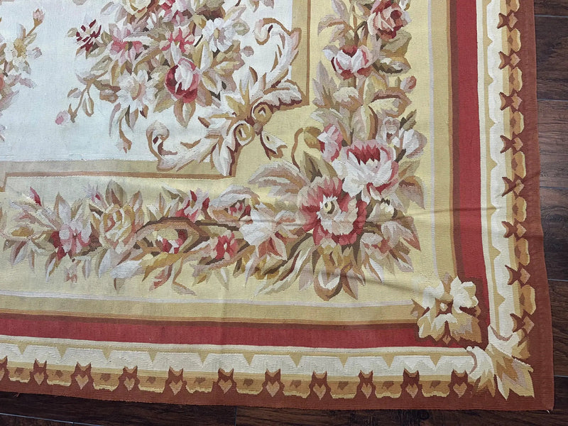 Aubusson Rug 9x12, Elegant Flatweave Savonnerie Carpet 9 x 12 ft, Ivory Light Yellow Red, Handmade Wool Flatweave French European Rug by Jewel Rugs